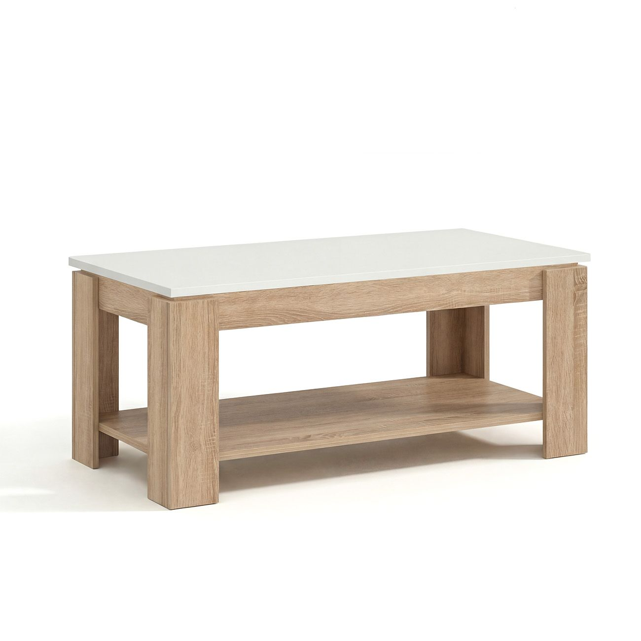 Una mesa de centro de madera con tapa blanca y estante inferior sobre fondo blanco.