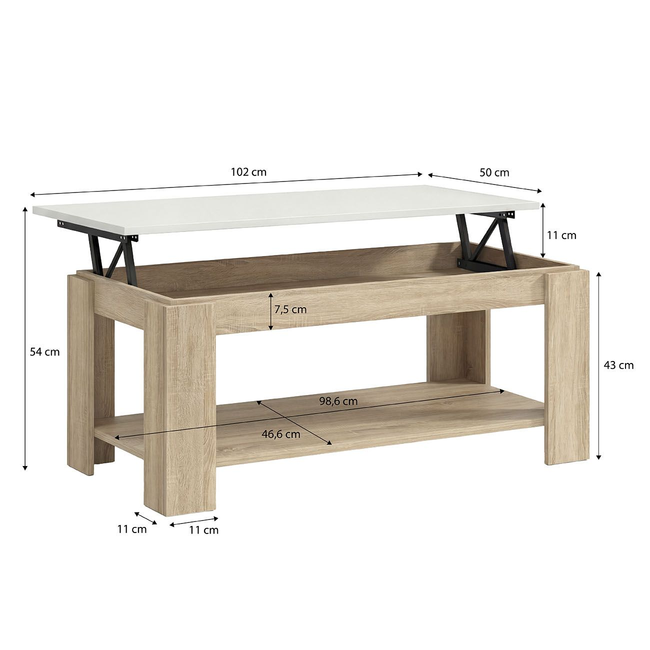 Mesa de centro elevable de madera con medidas, estante y tablero blanco sobre fondo blanco.