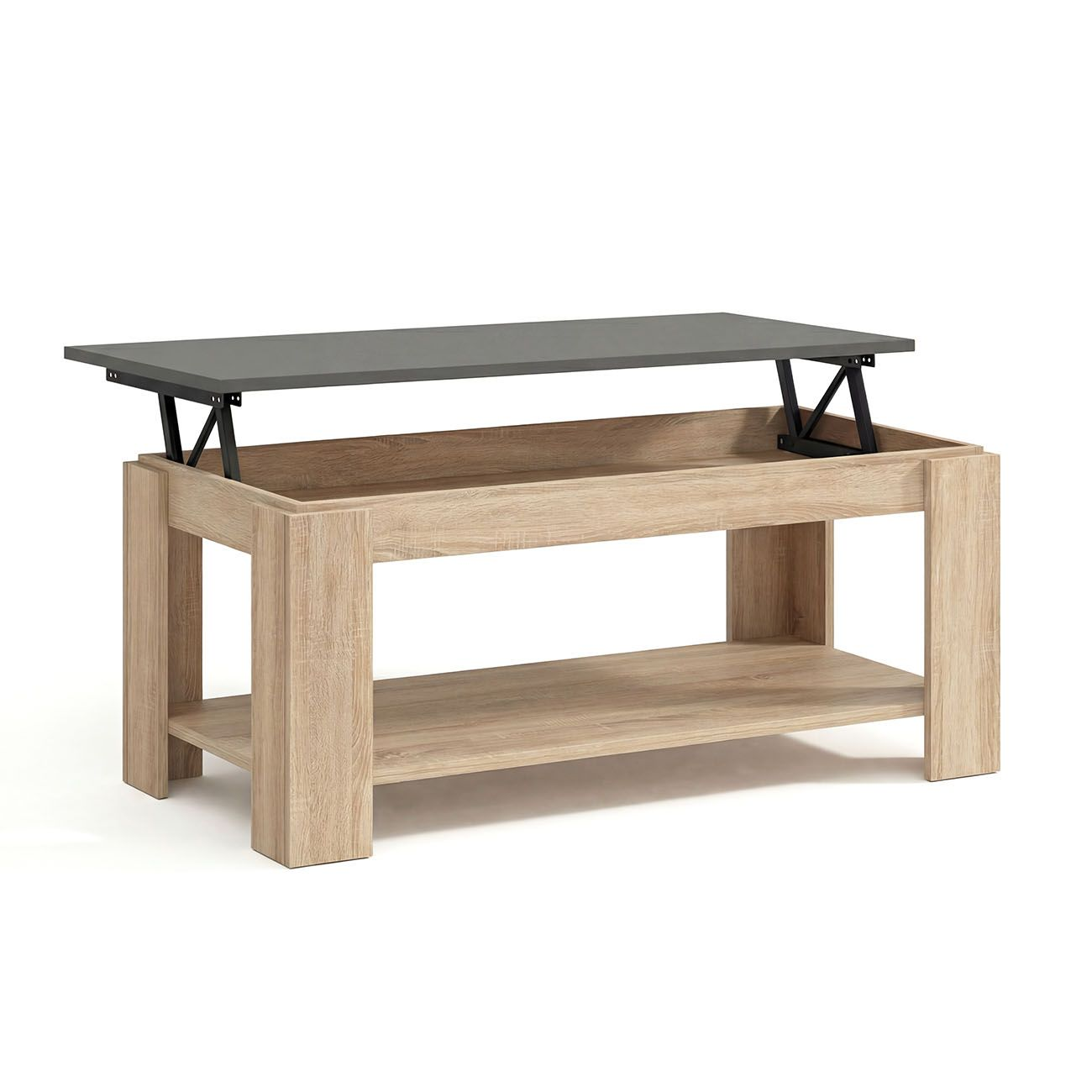 Mesa de centro de madera con tablero elevable gris y balda inferior, sobre fondo blanco.