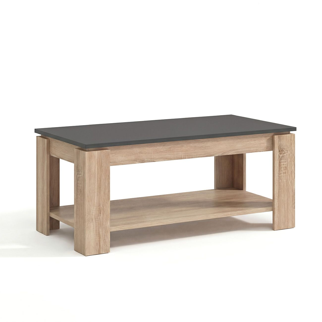 Una mesa de centro de madera con tablero gris oscuro y estante inferior sobre fondo blanco.