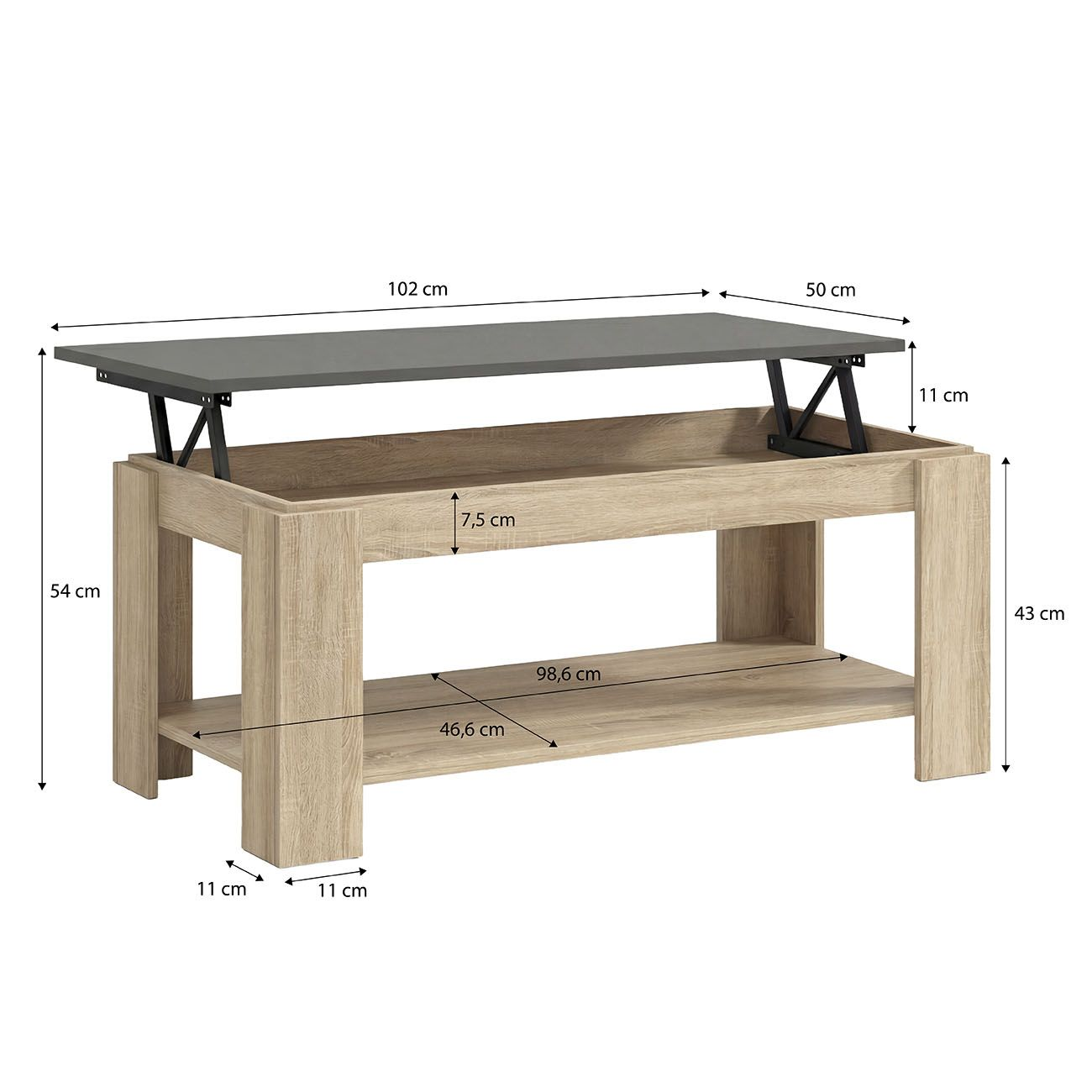 Mesa de centro de madera con tablero elevable gris y líneas de cota.