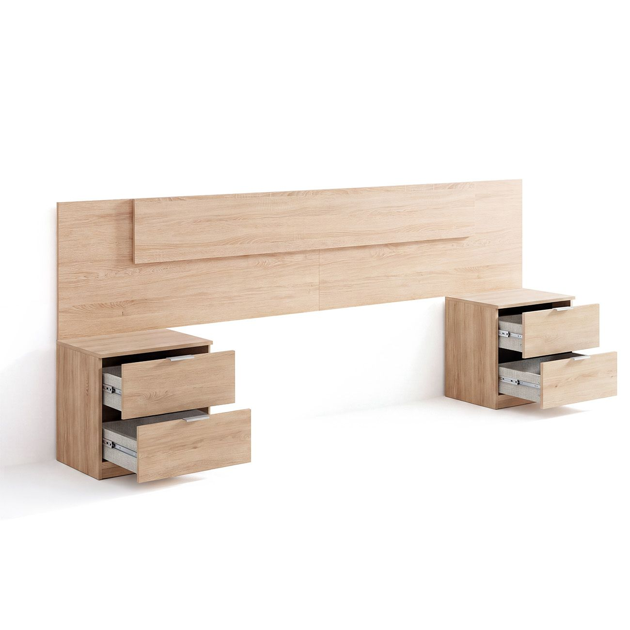 Cabecero de madera con dos mesitas de noche incorporadas con cajones abiertos sobre fondo blanco.