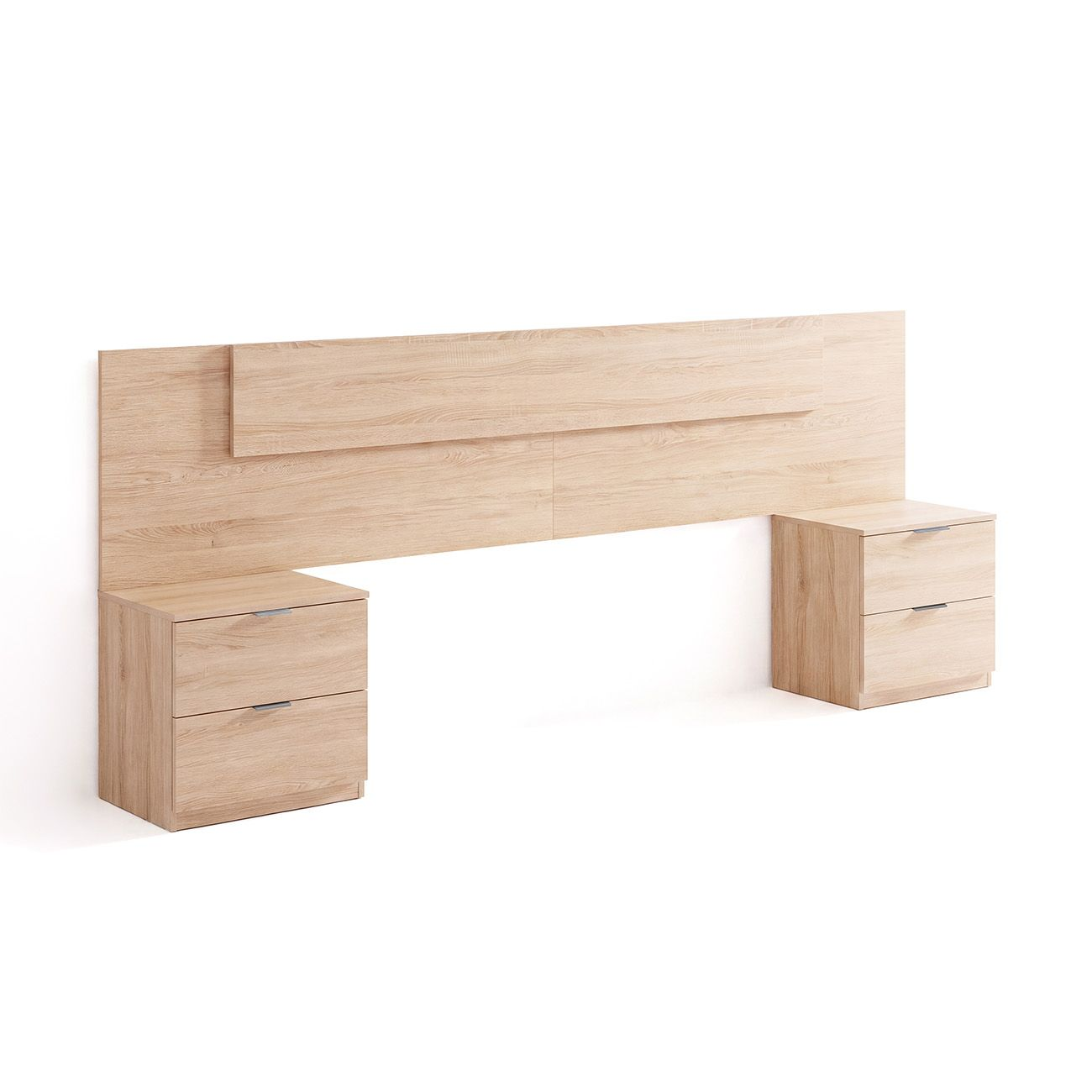 Un cabecero de madera clara con dos mesitas de noche de dos cajones sobre fondo blanco.