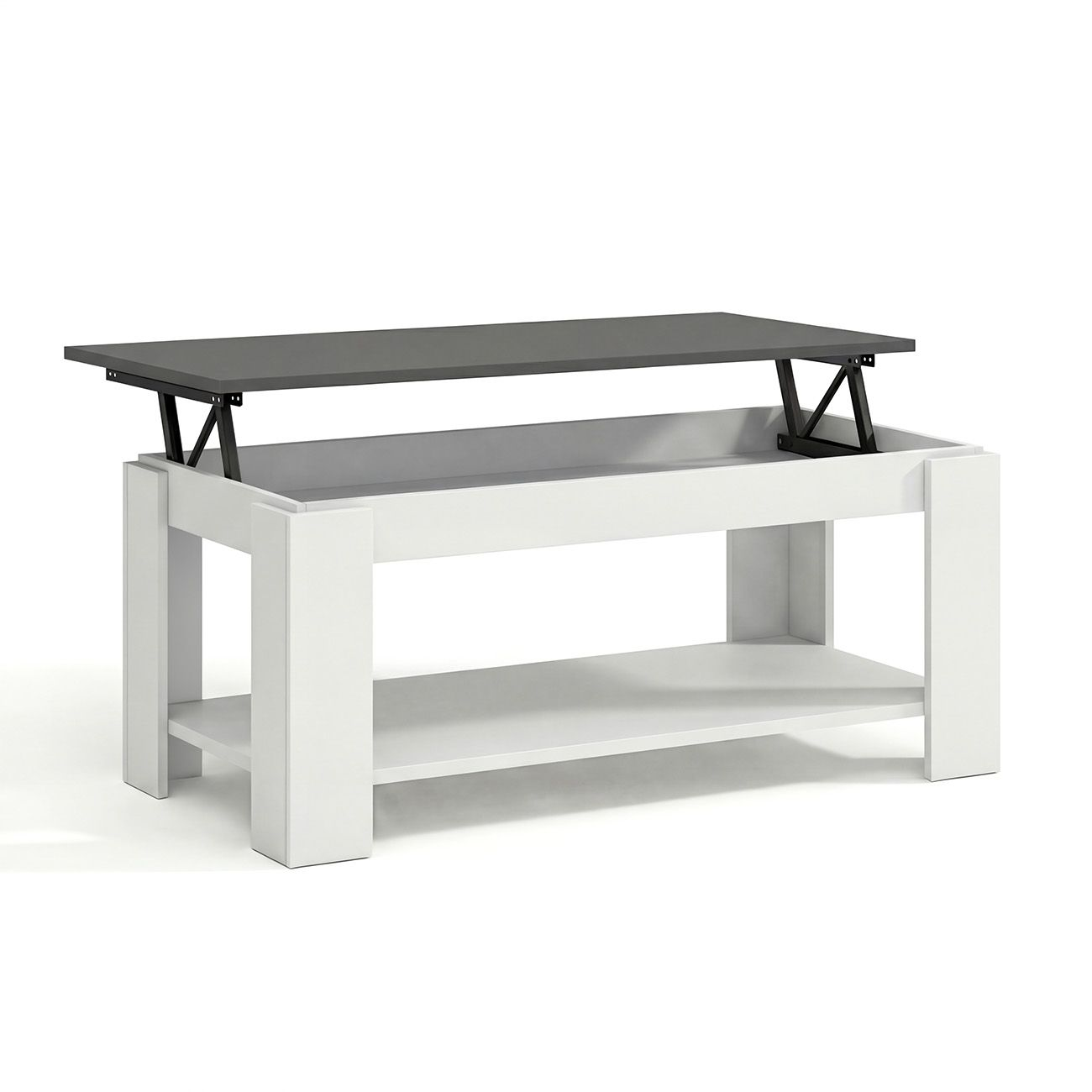 Mesa de centro blanca con tapa gris elevada por bisagras de metal negro, revelando espacio de almacenamiento.