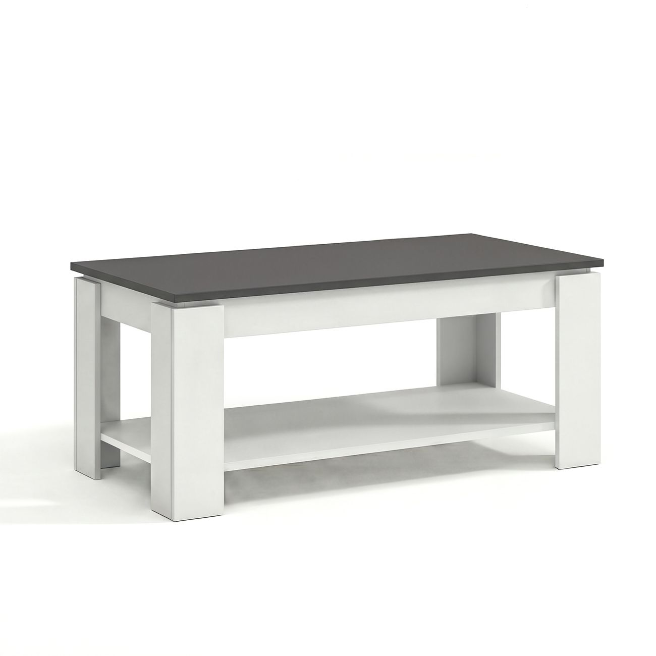 Una mesa de centro blanca con sobre gris oscuro y estante inferior, sobre fondo blanco.