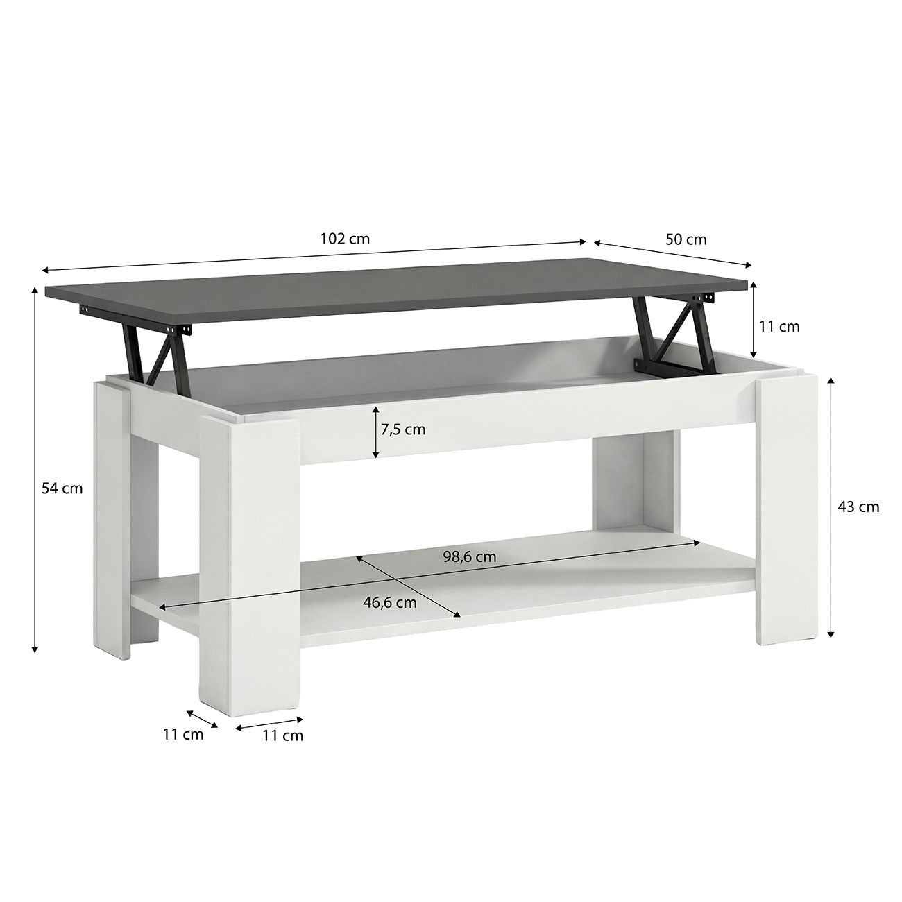 Mesa de centro blanca con sobre elevable gris y estante inferior, con medidas.