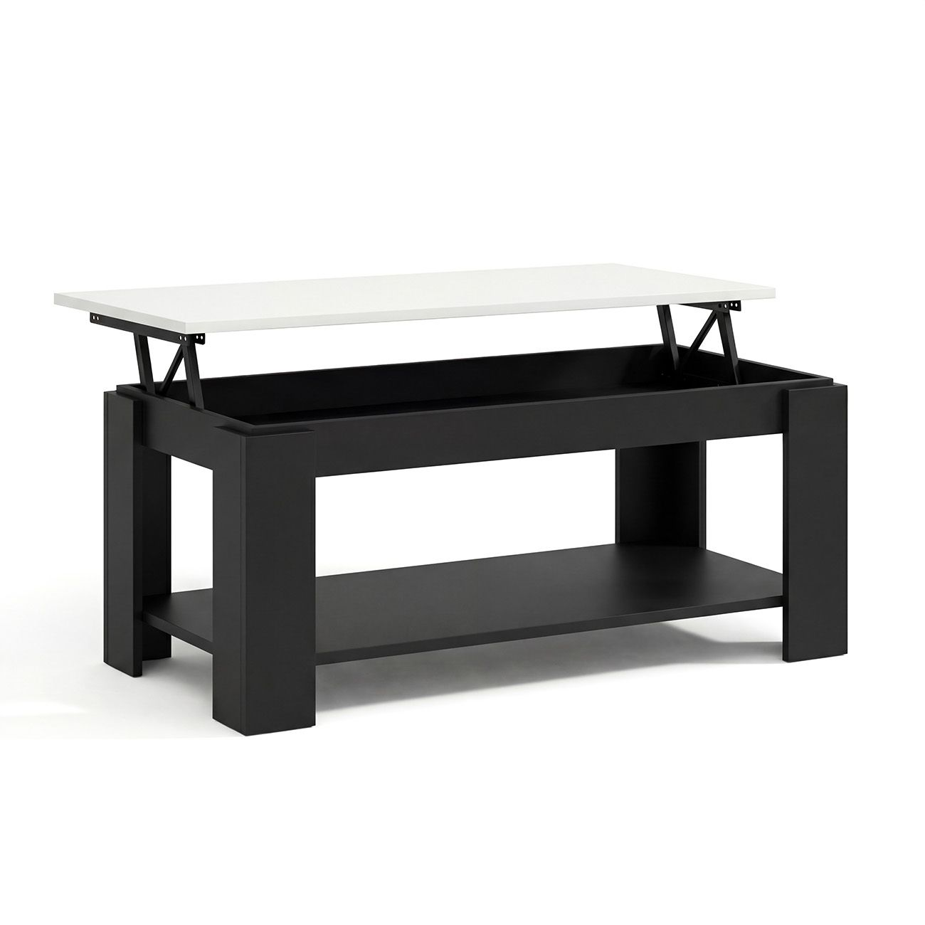 Una mesa de centro negra con una tapa blanca elevada y un estante inferior sobre fondo blanco.