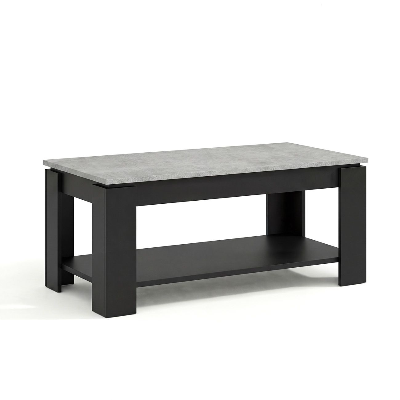 Una mesa de centro rectangular con tablero gris efecto hormigón, patas negras y estante inferior sobre fondo blanco.