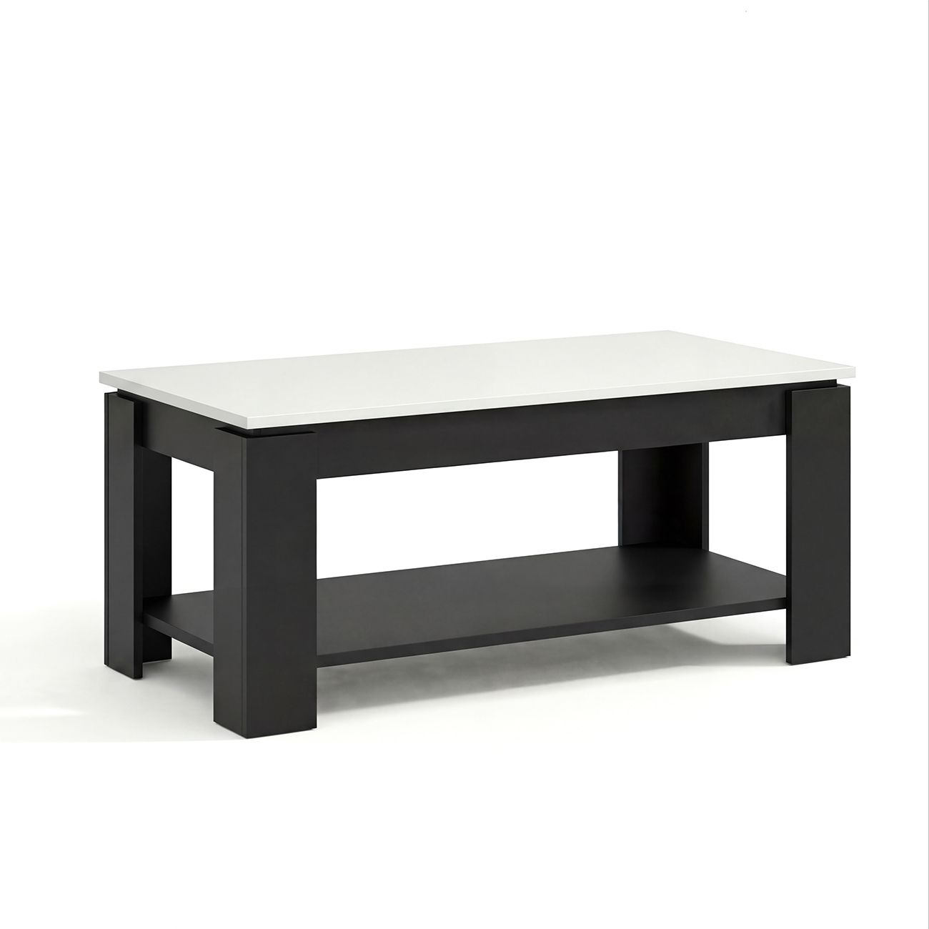 Mesa de centro moderna con marco de madera negra, superficie blanca y estante inferior sobre fondo blanco.