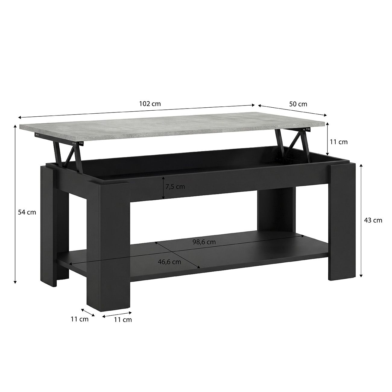 Mesa de centro negra con tapa gris efecto hormigón, mecanismo elevable y balda inferior, con cotas.