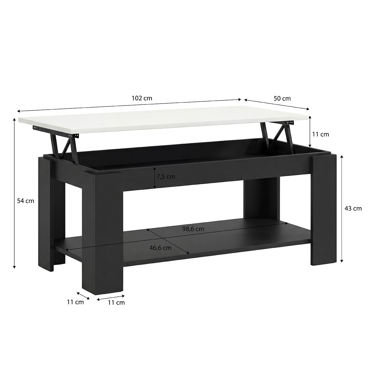 Una mesa de centro negra con tablero elevable blanco y cotas.