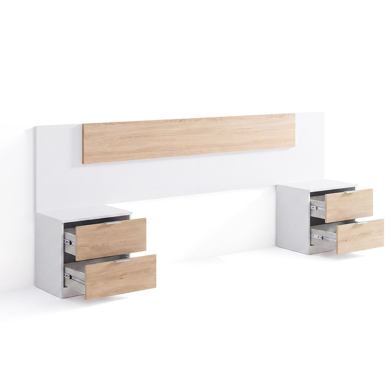 Cabecero blanco con detalles de madera y dos mesitas de noche adjuntas con cajones abiertos.