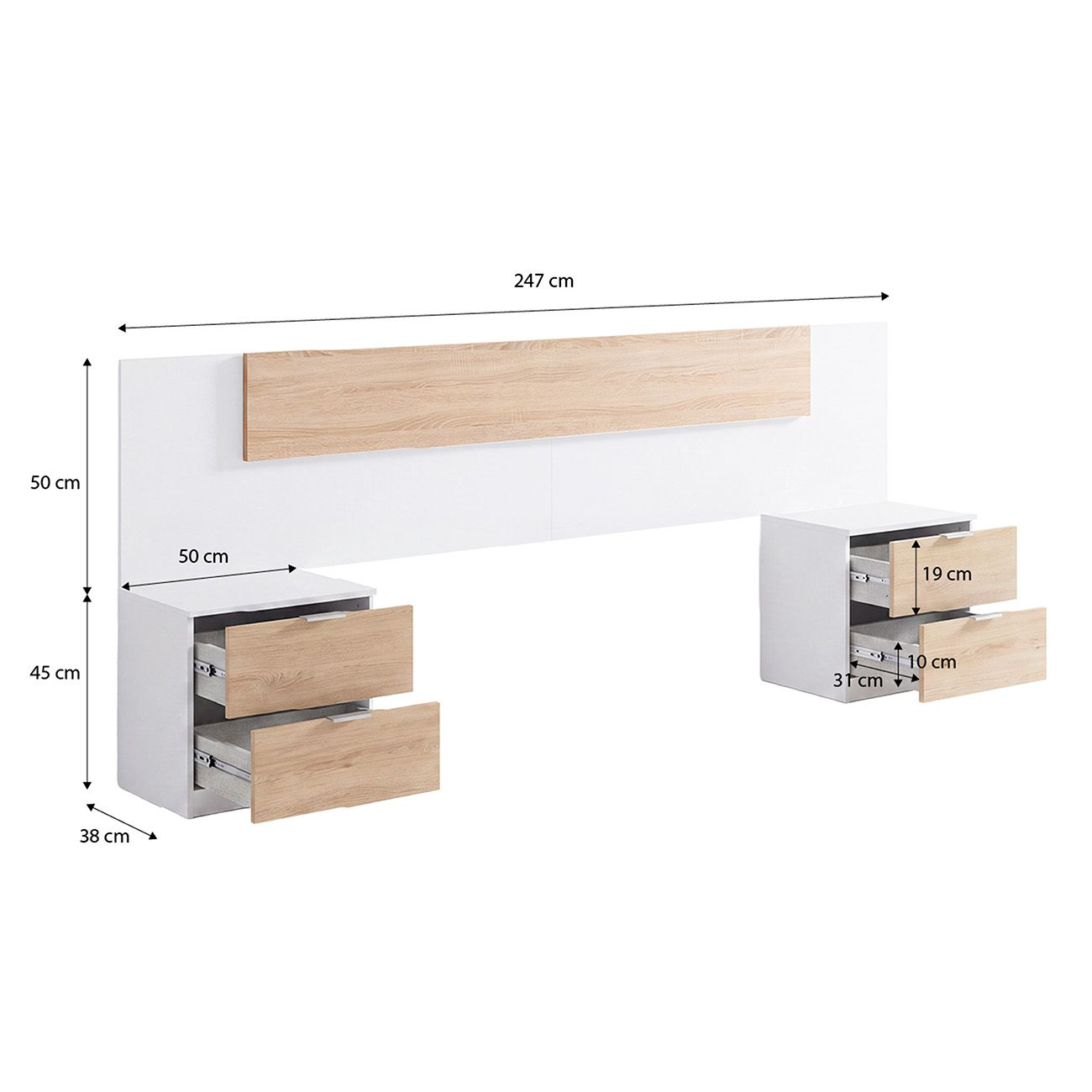 Cabecero blanco y madera con dos mesitas de noche con cajones abiertos y medidas.