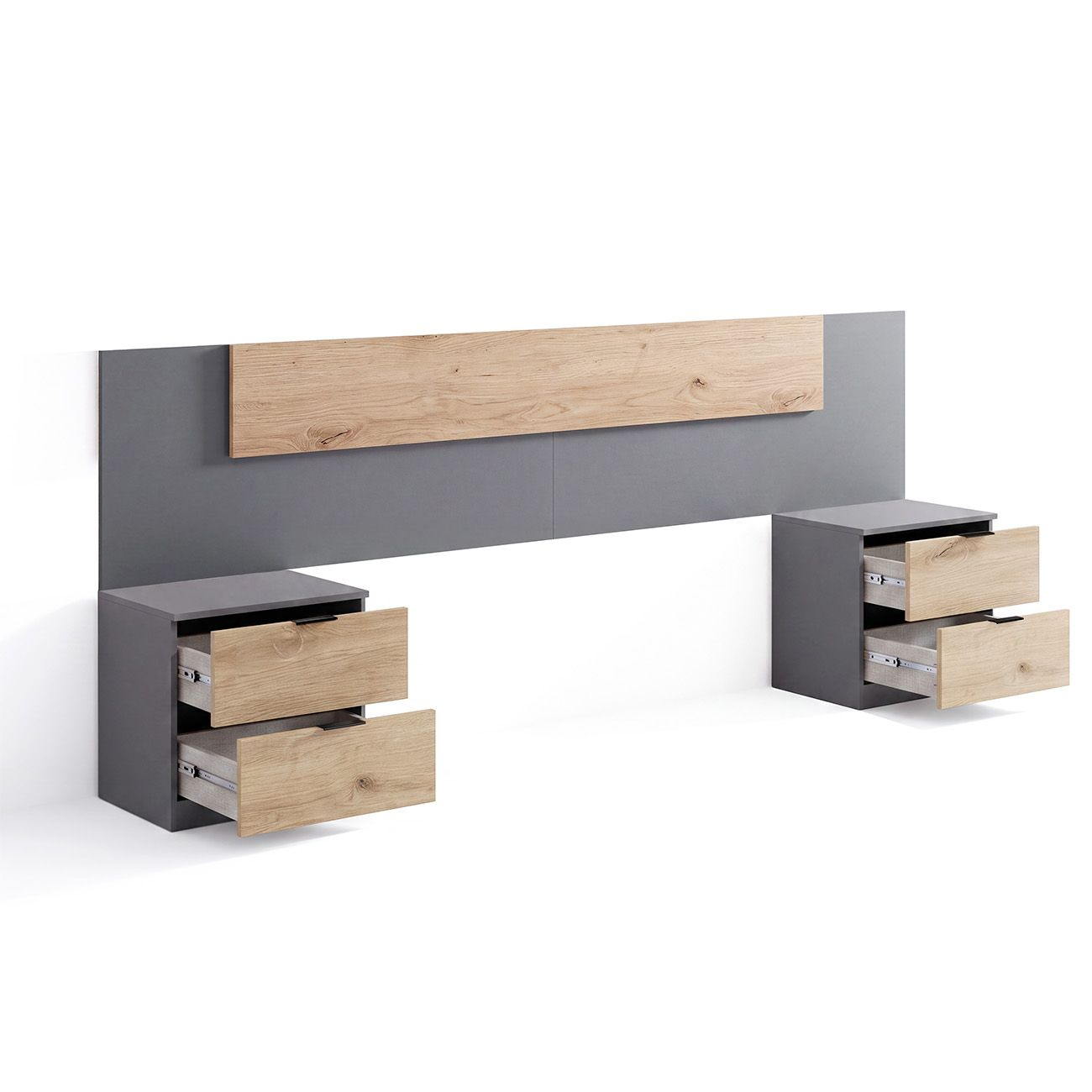 Cabecero de cama gris oscuro con panel de roble y dos mesitas de noche con cajones abiertos sobre fondo blanco.