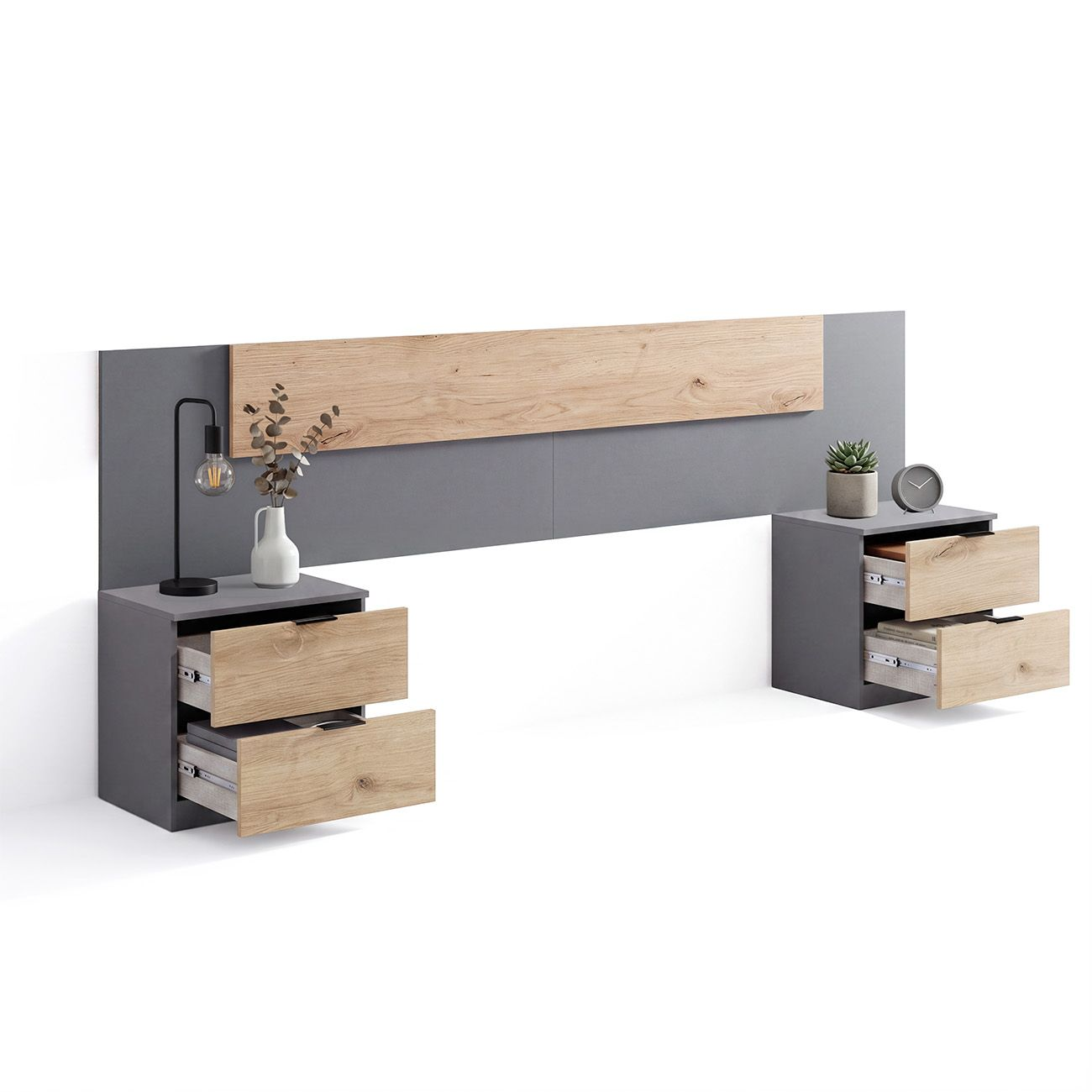 Cabecero gris con panel de madera y dos mesitas de noche a juego con cajones abiertos.