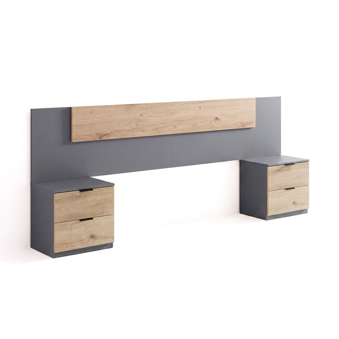 Un cabecero gris moderno con dos cajones de madera y un panel de madera sobre fondo blanco.