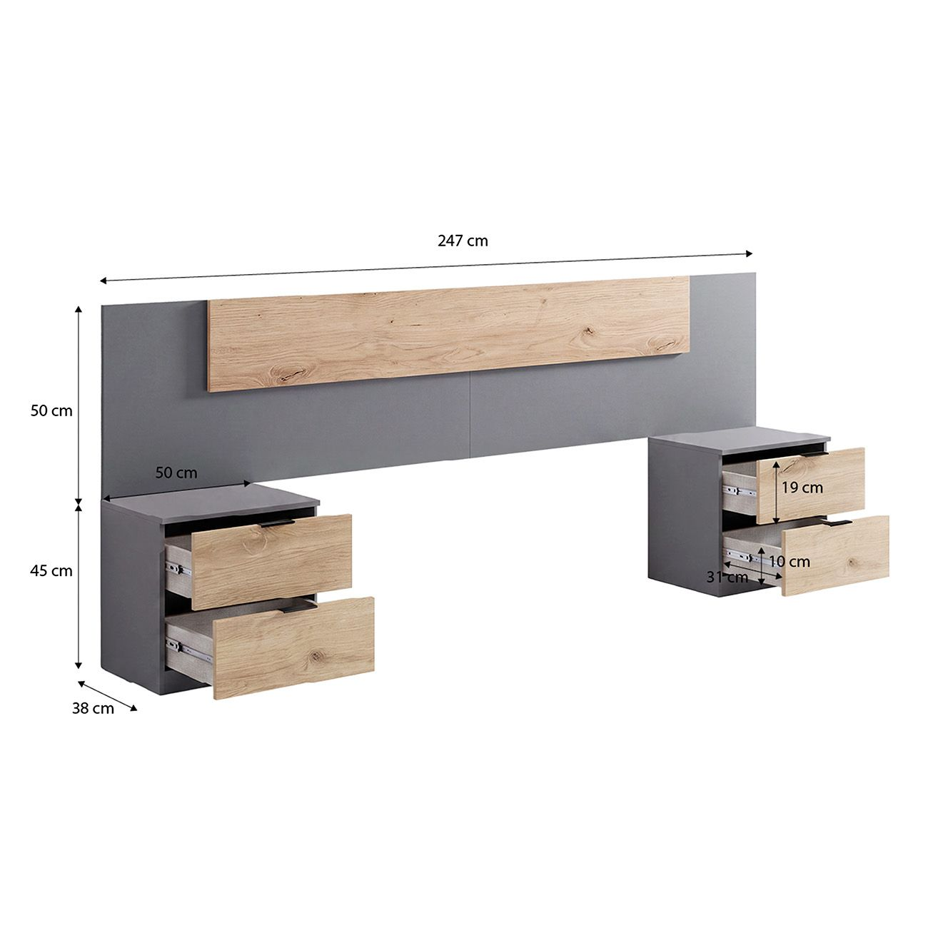 Panel de pared gris y de madera con dos mesitas de noche y cotas.