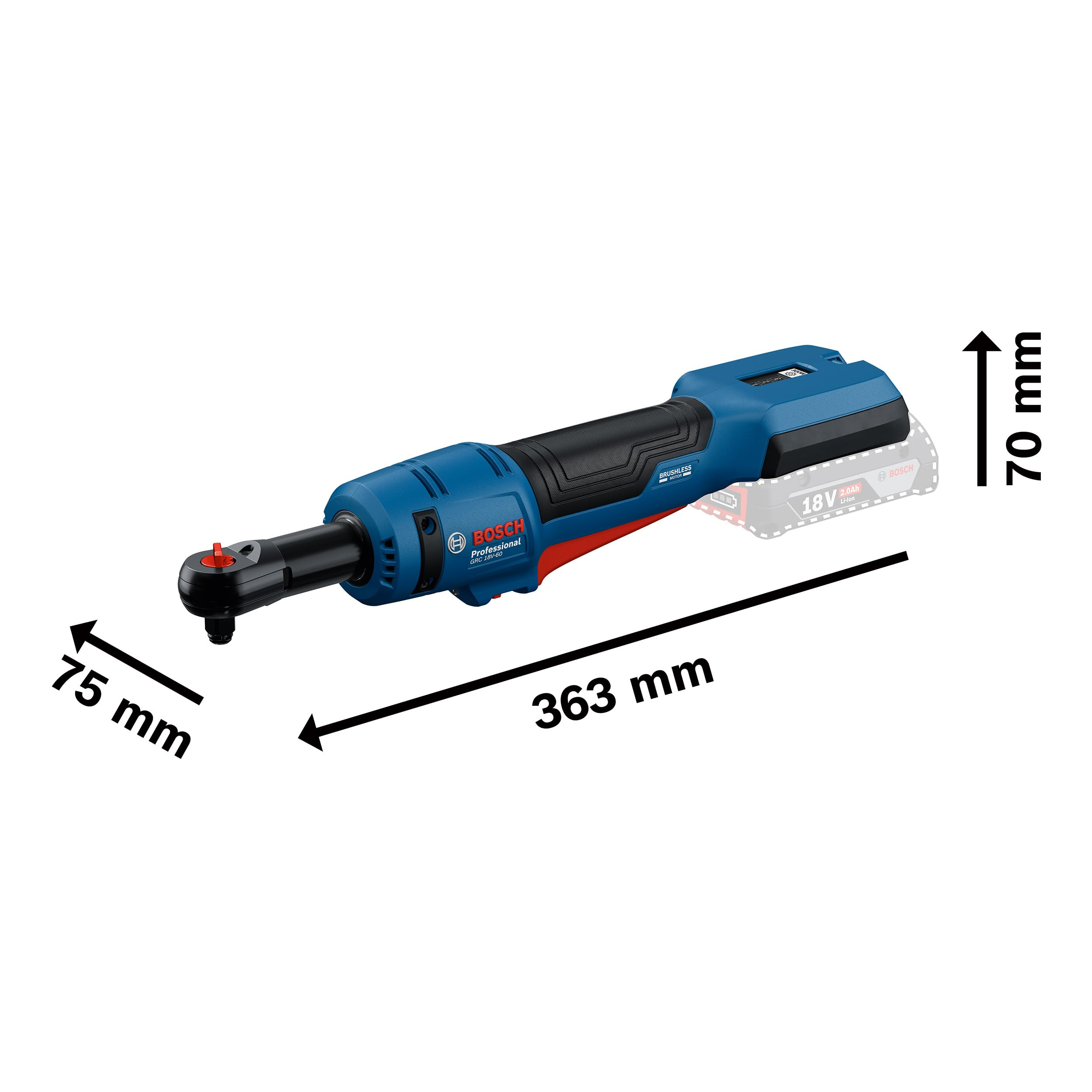 Eine blaue und schwarze Bosch Akku-Ratsche mit Maßlinien von 363 mm, 75 mm und 70 mm.