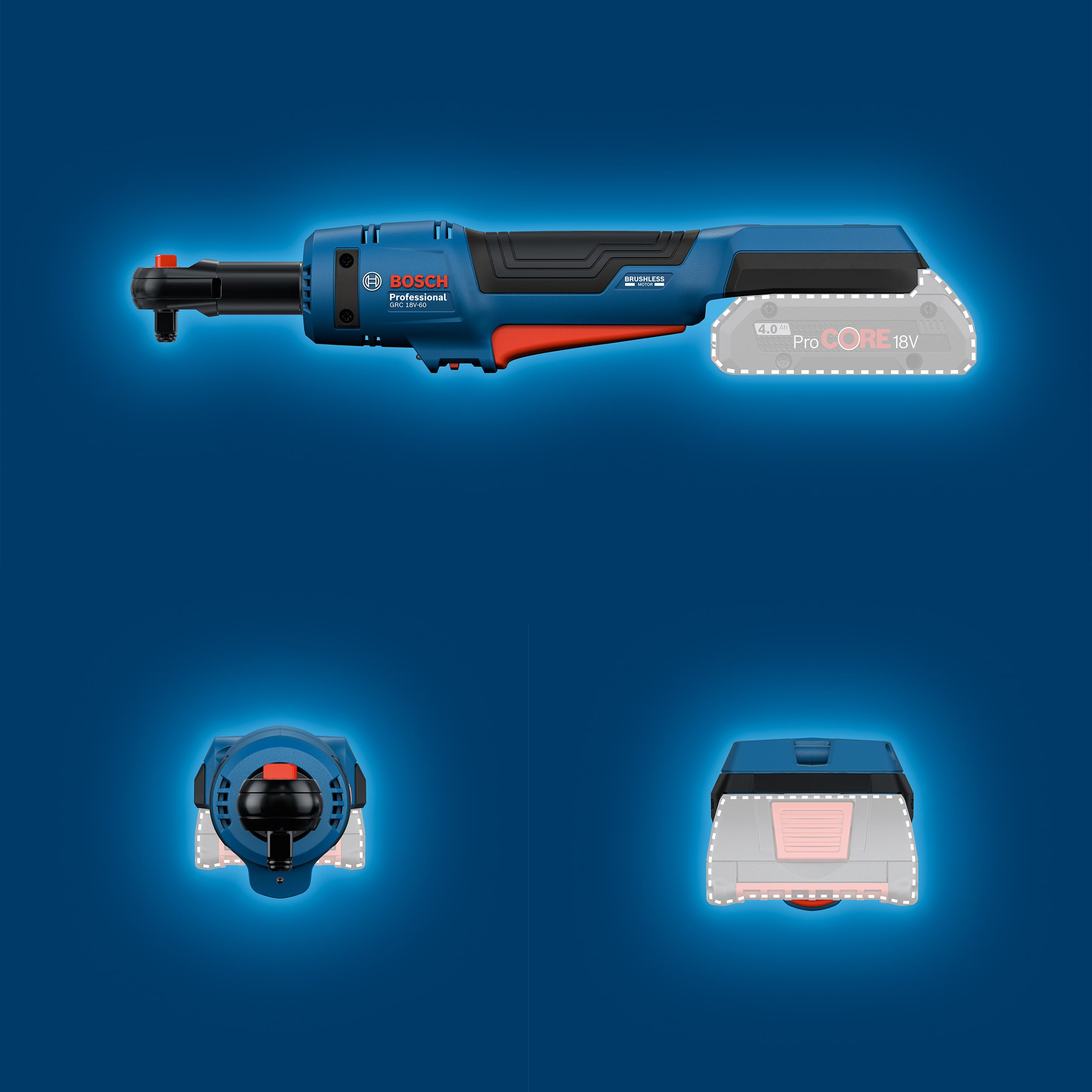 Eine blaue und schwarze Bosch Professional Akku-Ratsche auf blauem Hintergrund, mit skizzierten Batteriebereichen.