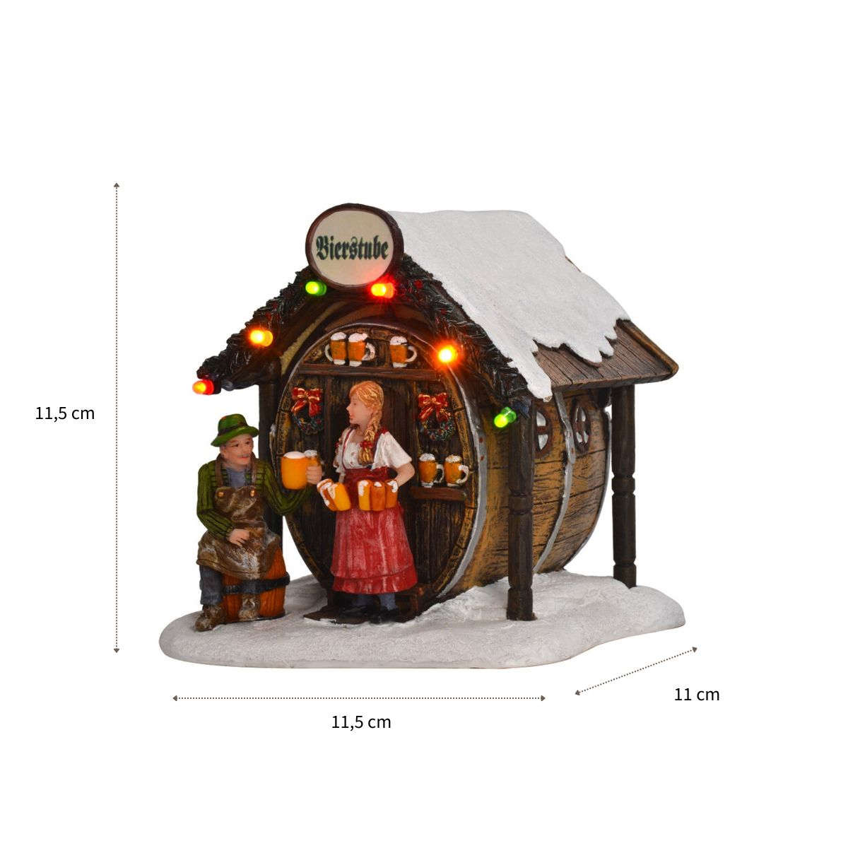 Miniatuur besneeuwde Bierstube met figuren die bier vasthouden, verlichting, afmetingen 11,5x11x11,5 cm.