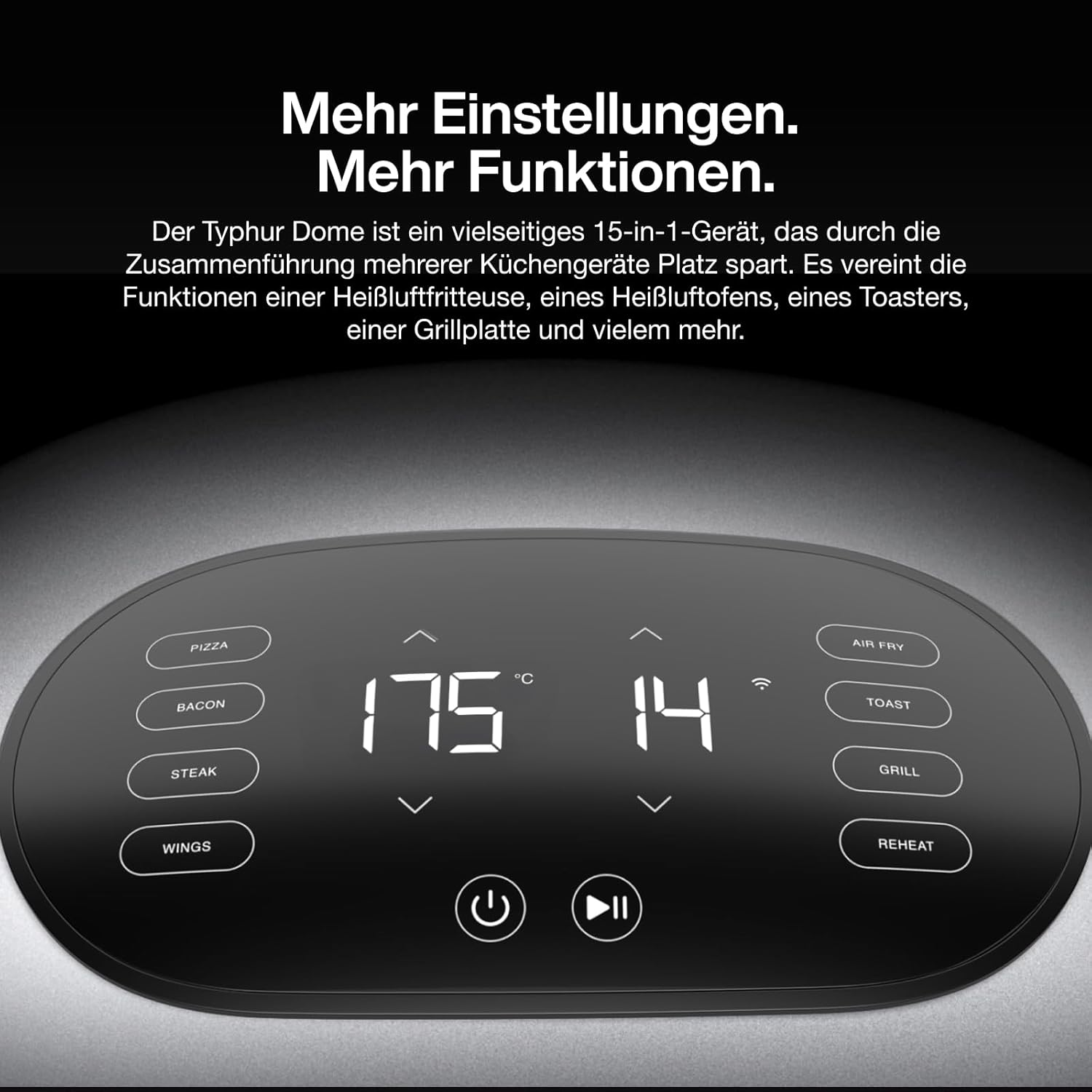 Digitales Display eines Küchengeräts mit Temperatureinstellungen, Funktions- und Modustasten.