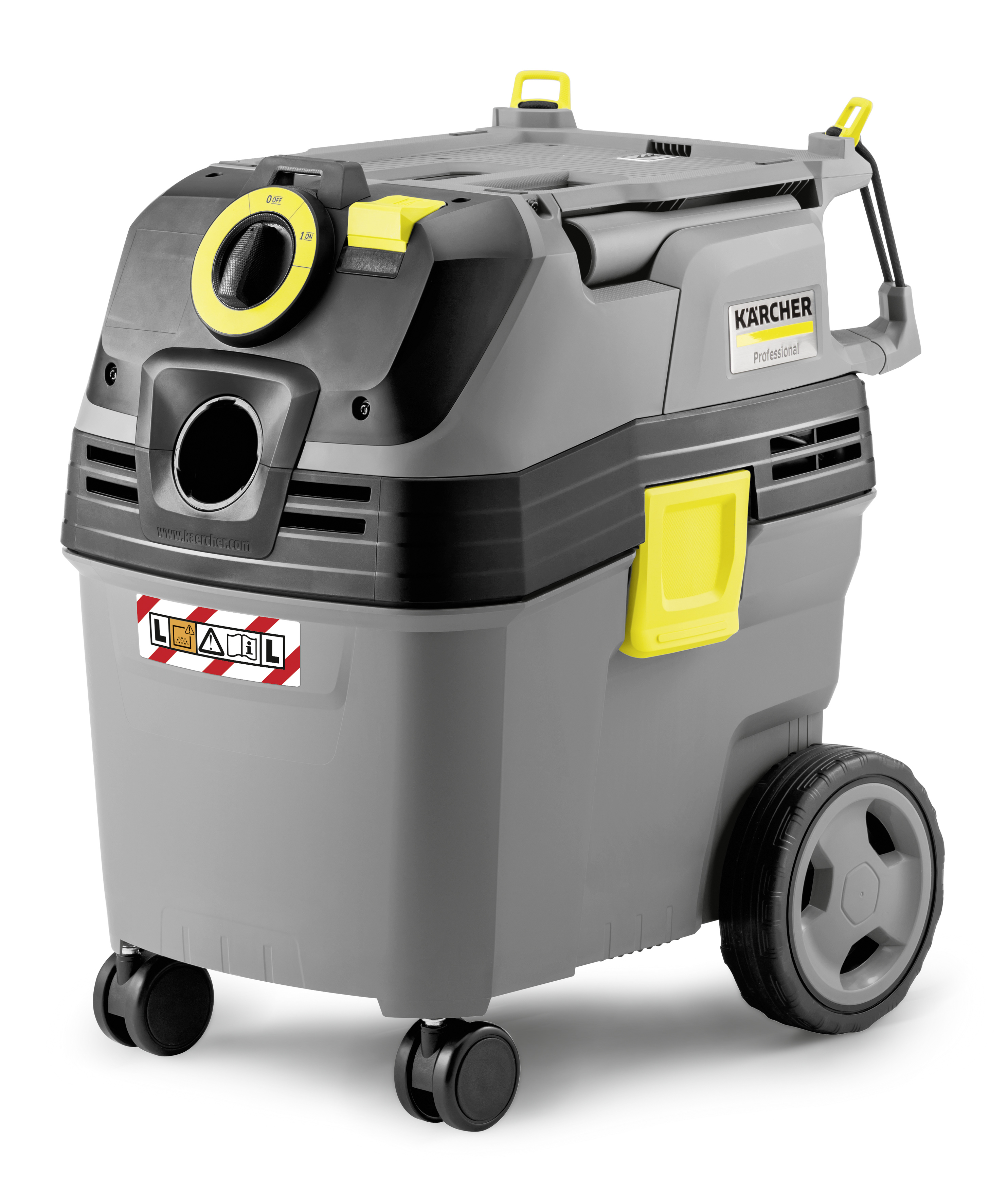 Un aspirapolvere professionale Kärcher grigio con dettagli gialli, ruote posteriori grandi e ruote anteriori piccole.