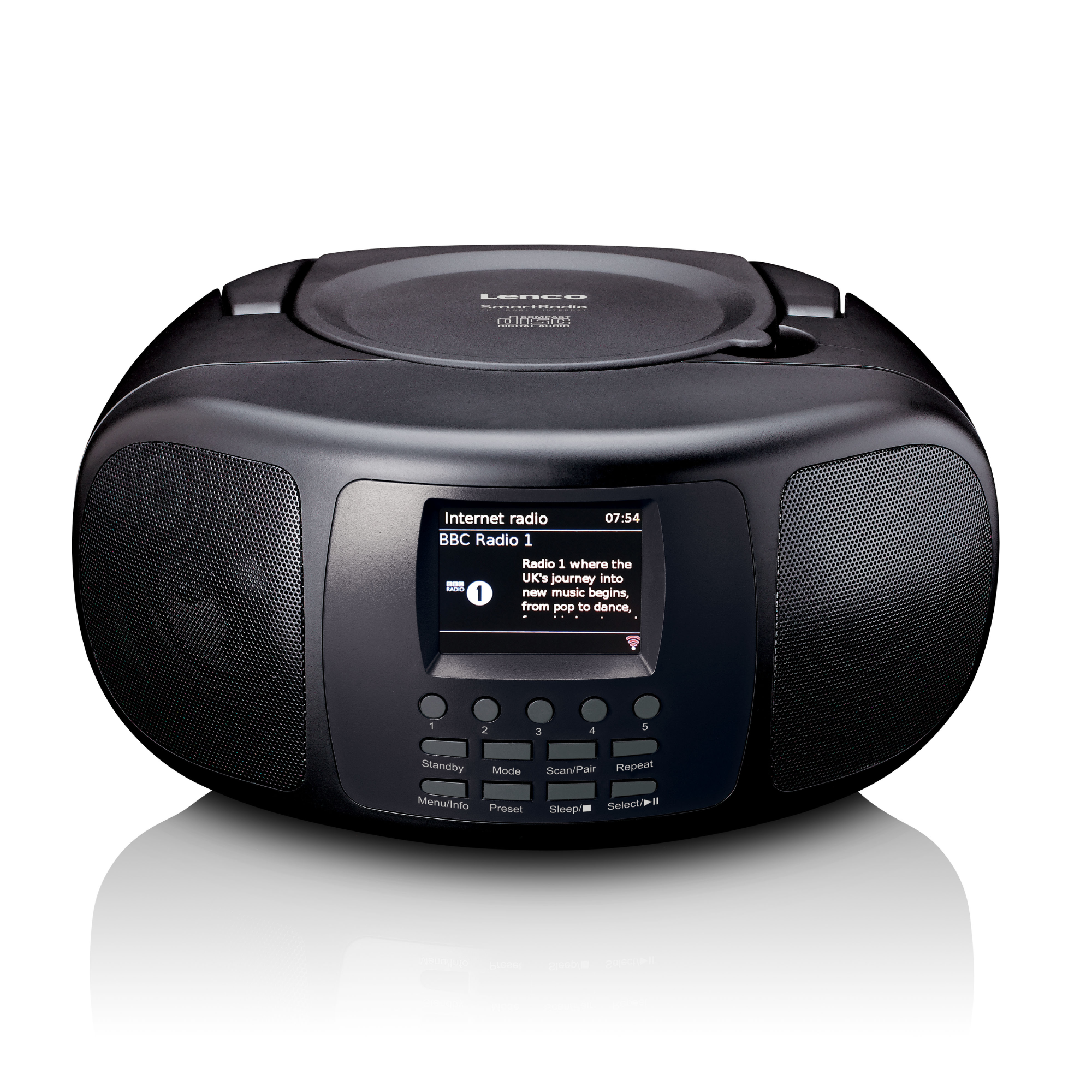 Ein schwarzer Lenco Internetradio-Boombox mit CD-Player, Lautsprechern und einem Digitaldisplay auf weißem Hintergrund.