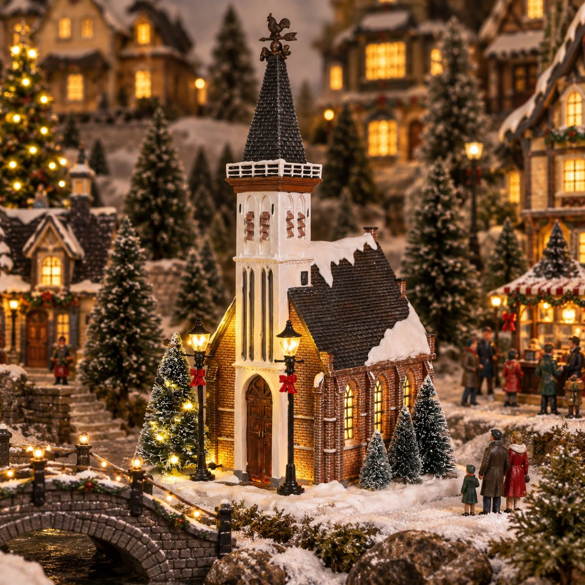 A snowy Christmas village with a detailed church, glowing streetlights, pine trees, and miniature people.