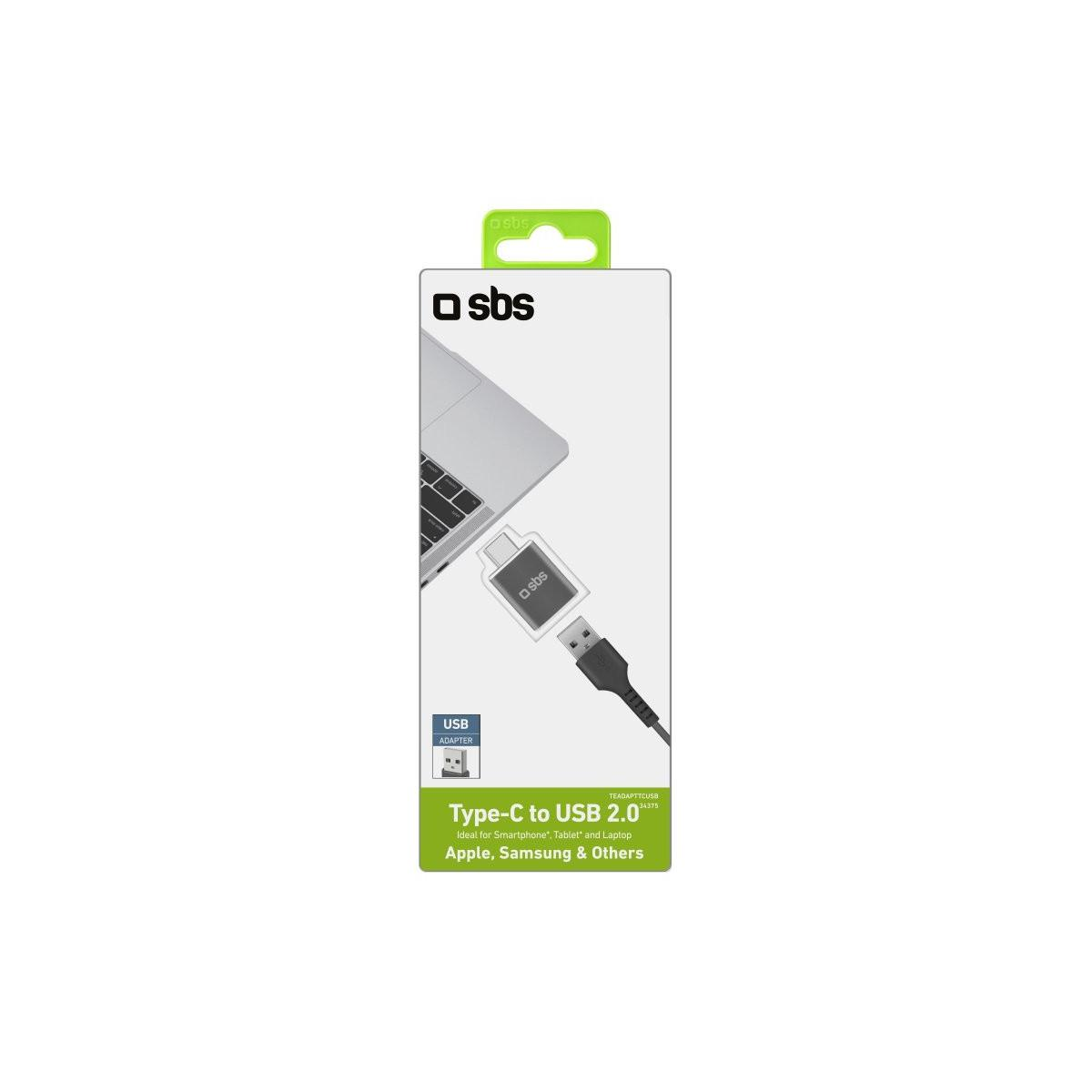 Adaptador SBS Type-C a USB 2.0 en su embalaje original blanco y verde sobre fondo blanco.