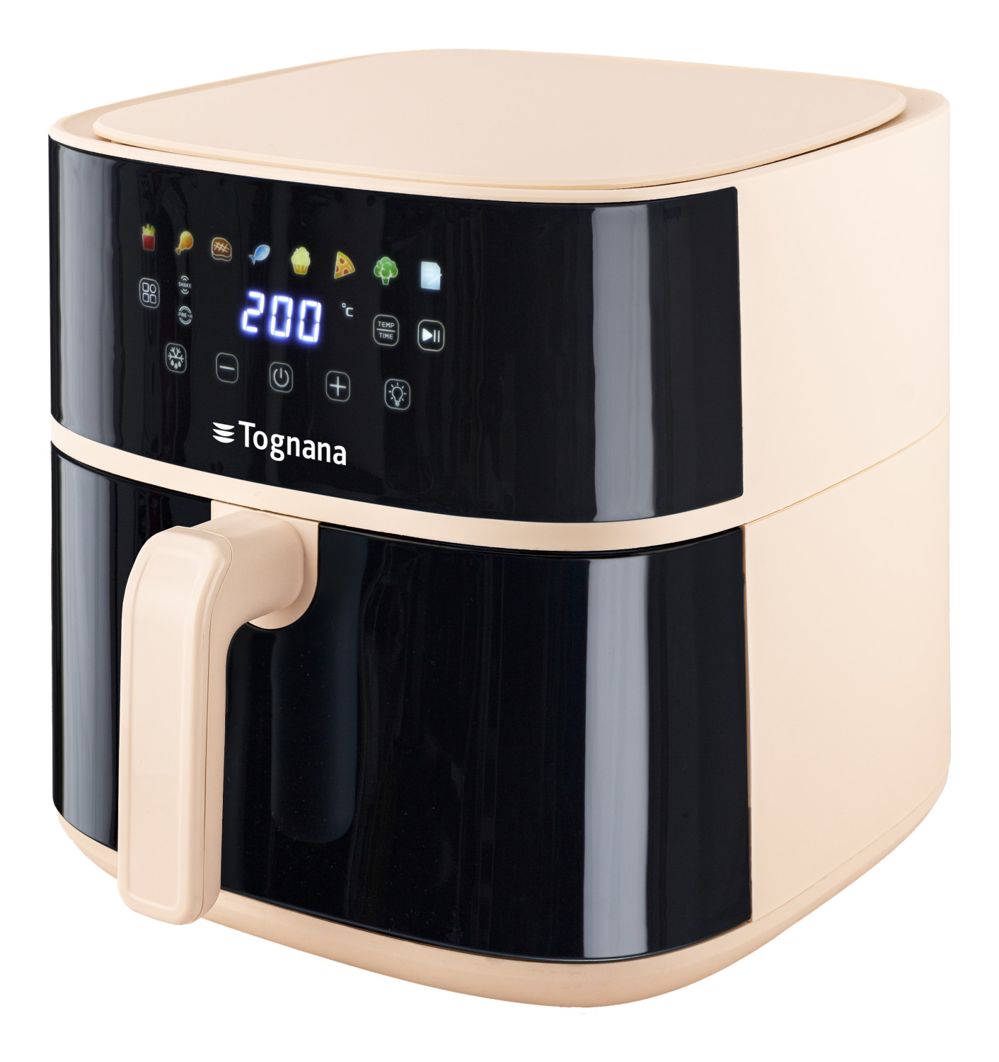 Una friggitrice ad aria Tognana beige e nera con display digitale e maniglia su sfondo bianco.