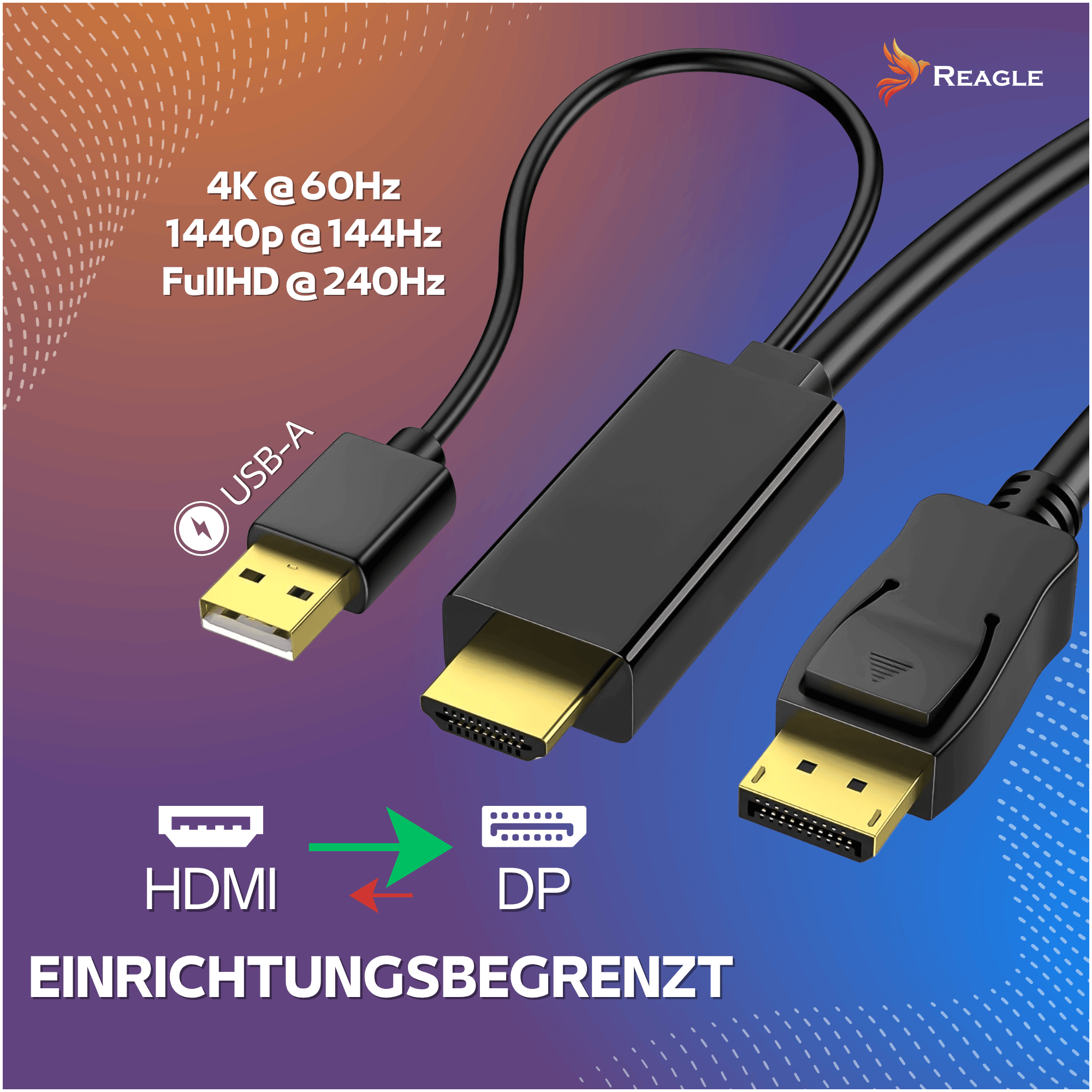 Czarny kabel HDMI do DisplayPort z zasilaniem USB-A na niebieskim tle.
