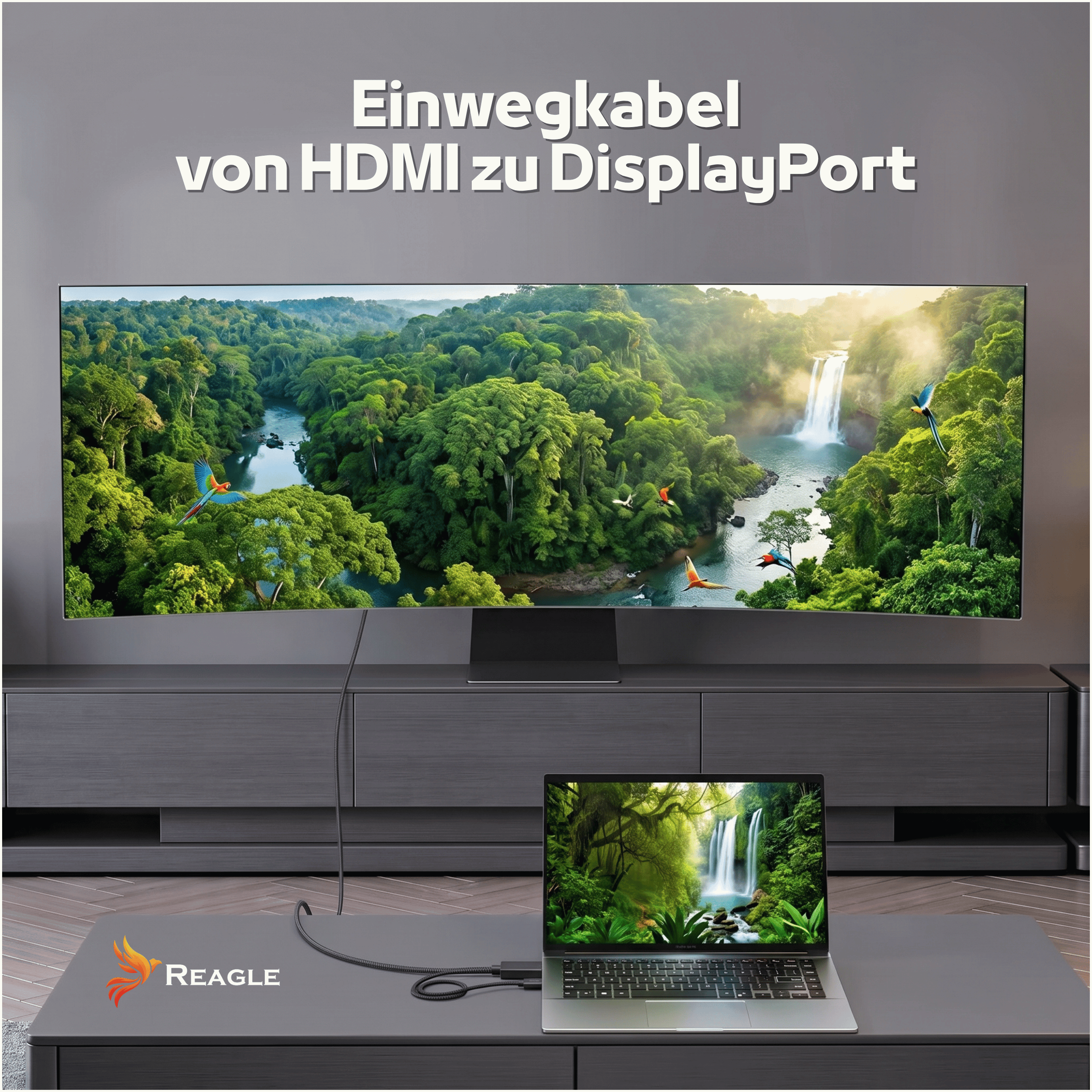 Laptop jest podłączony do dużego, zakrzywionego monitora przedstawiającego las tropikalny z wodospadem.