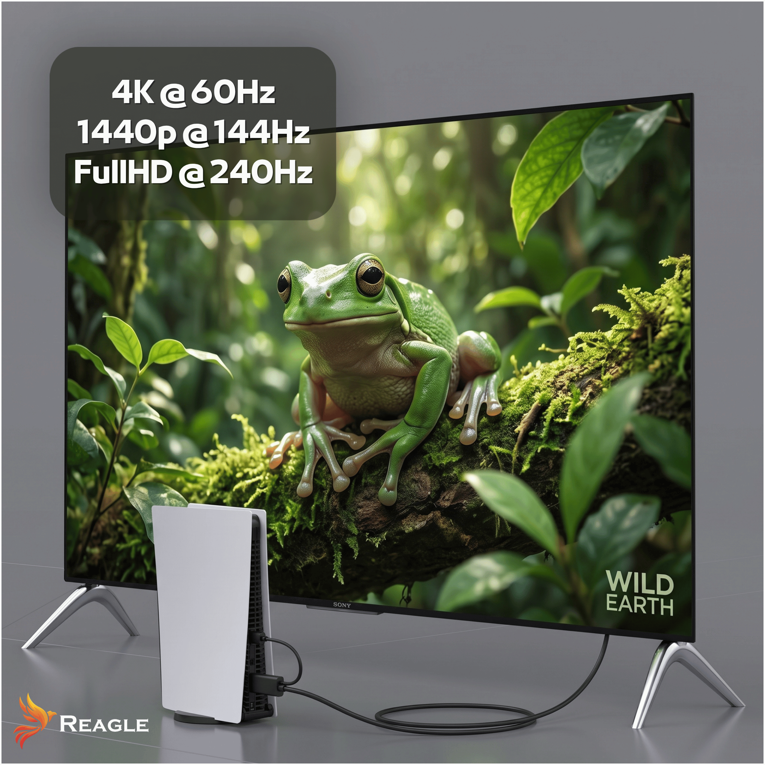 Telewizor wyświetlający zieloną żabę i białą konsolę z przodu na szarym tle.
