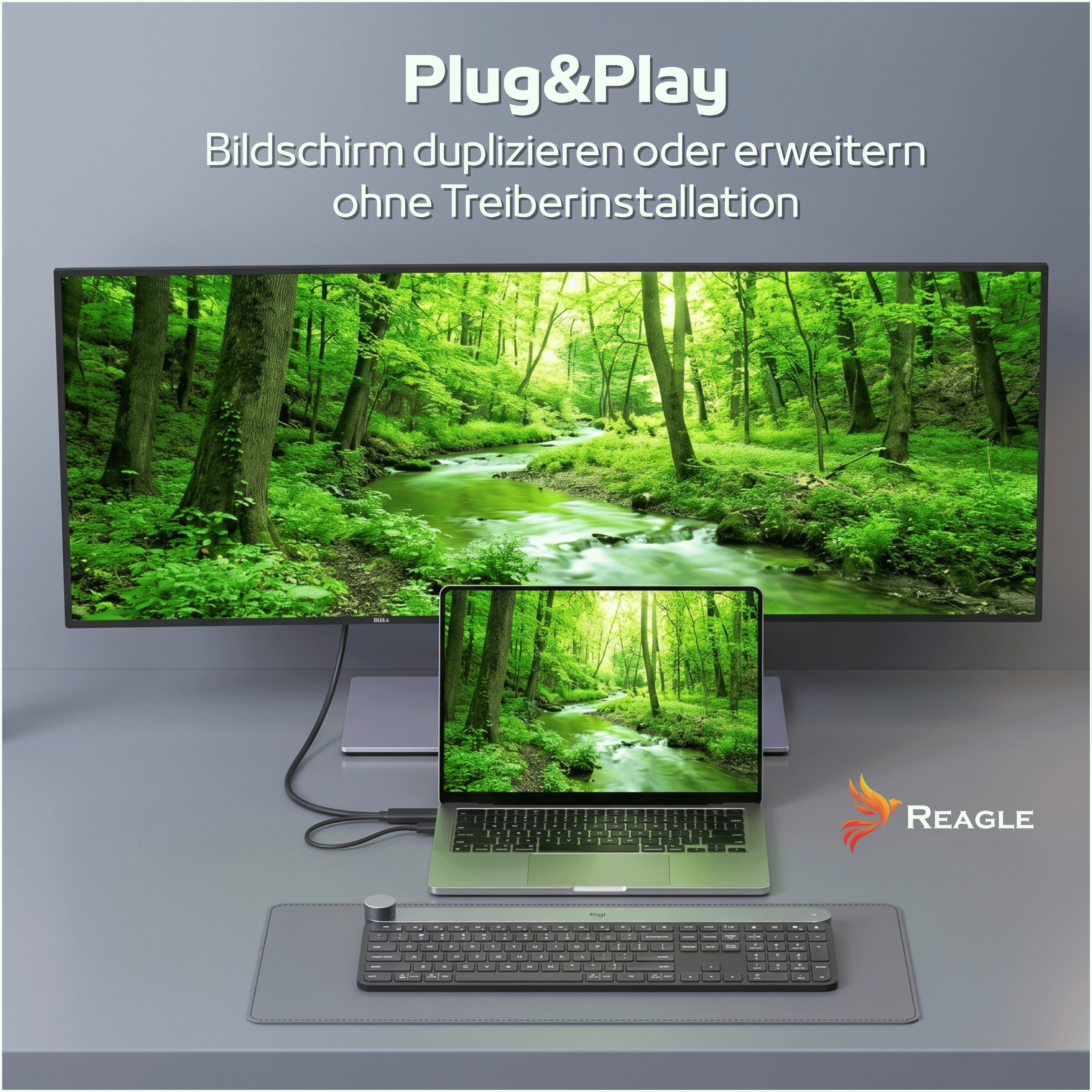 Laptop jest połączony z dużym monitorem, oba wyświetlają to samo tło przedstawiające las i rzekę.
