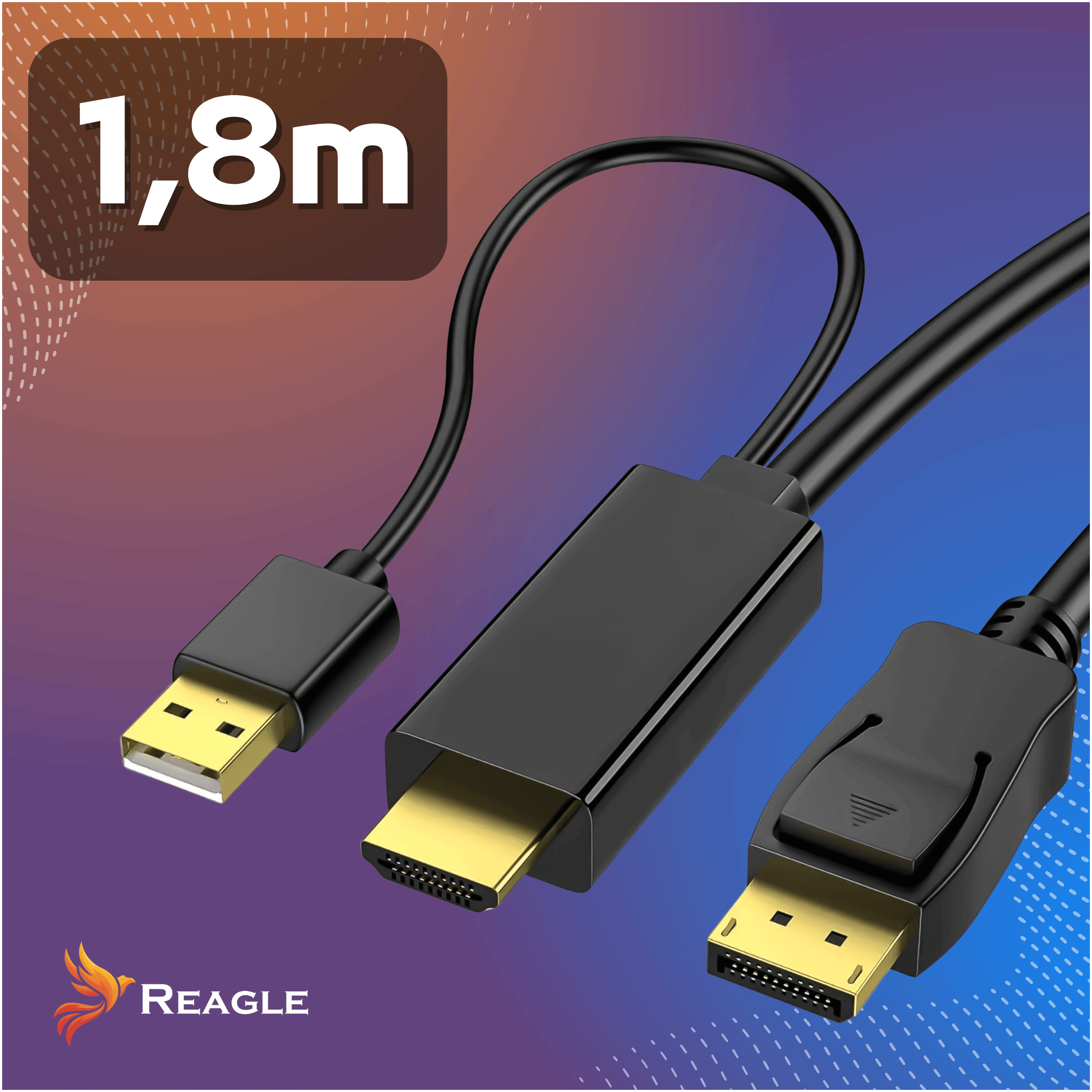 Kabel Reagle DisplayPort do HDMI o długości 1,8 m z zasilaniem USB na niebiesko-pomarańczowym tle.