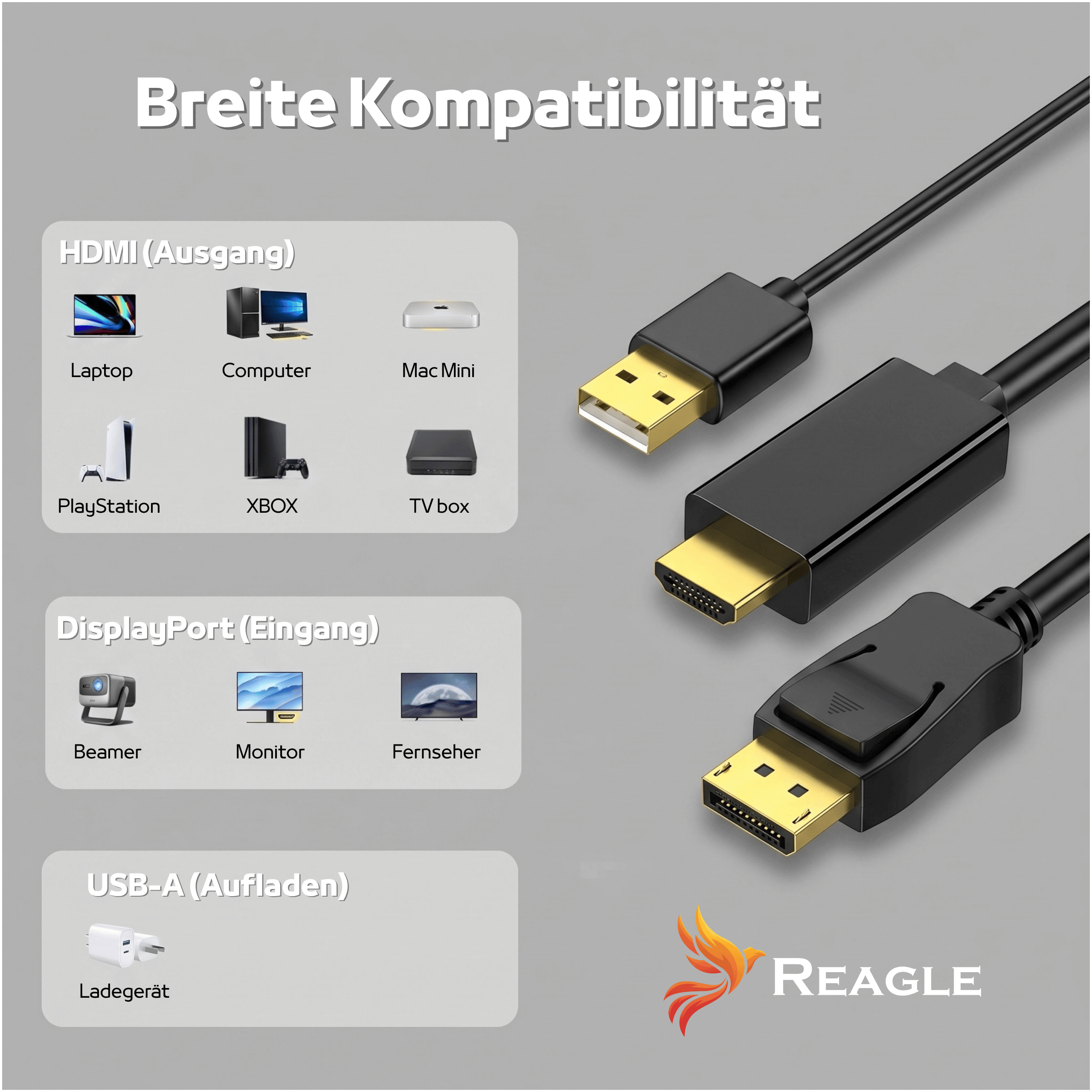 Kabel DisplayPort na HDMI i USB z ikonami zgodności urządzeń.