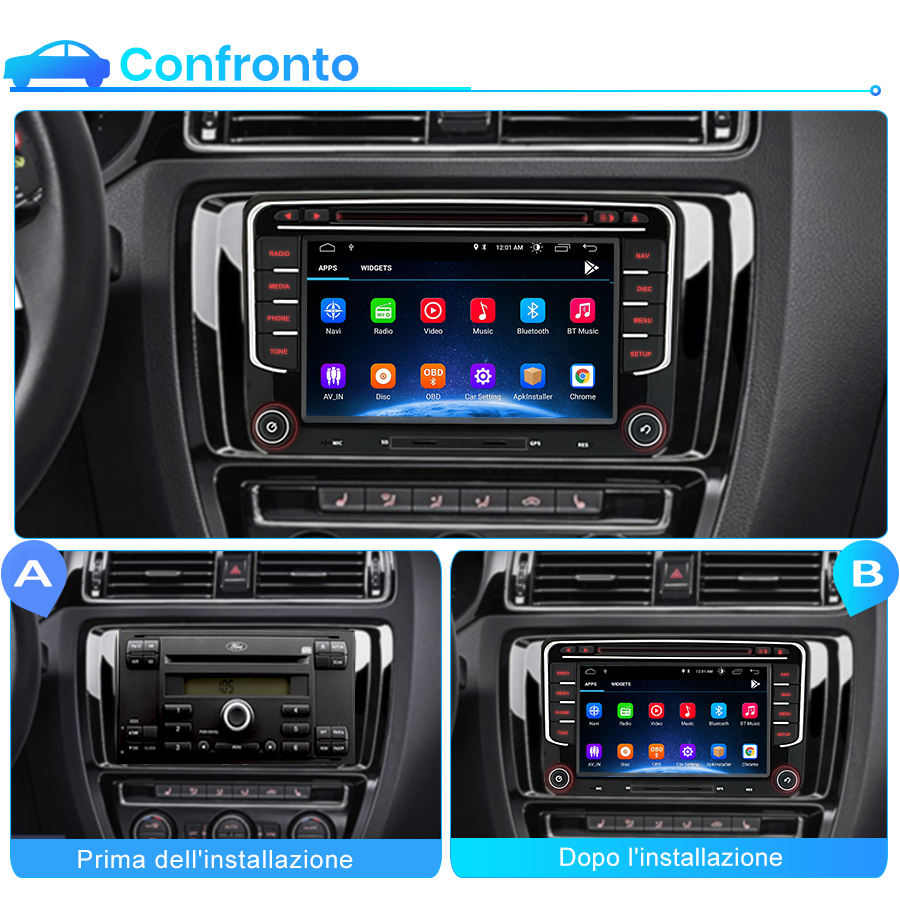 Confronto di un'autoradio prima e dopo l'installazione del nuovo display touch screen.