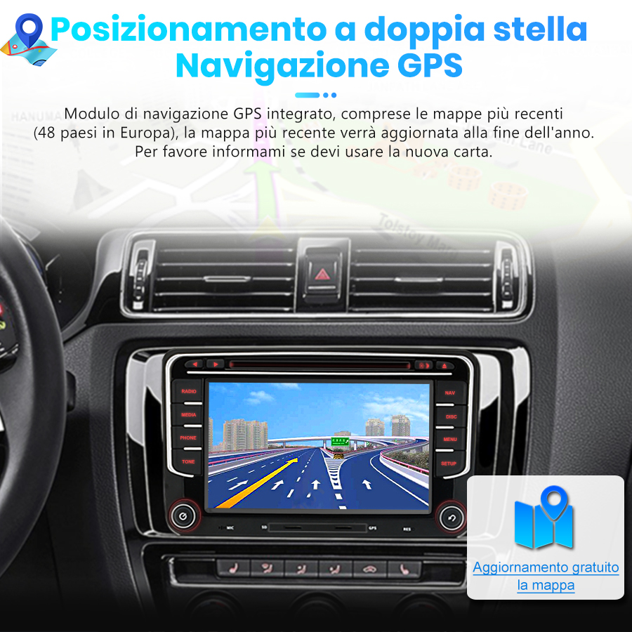 Interno auto con schermo di navigazione GPS che mostra una vista stradale e testo in italiano in alto.