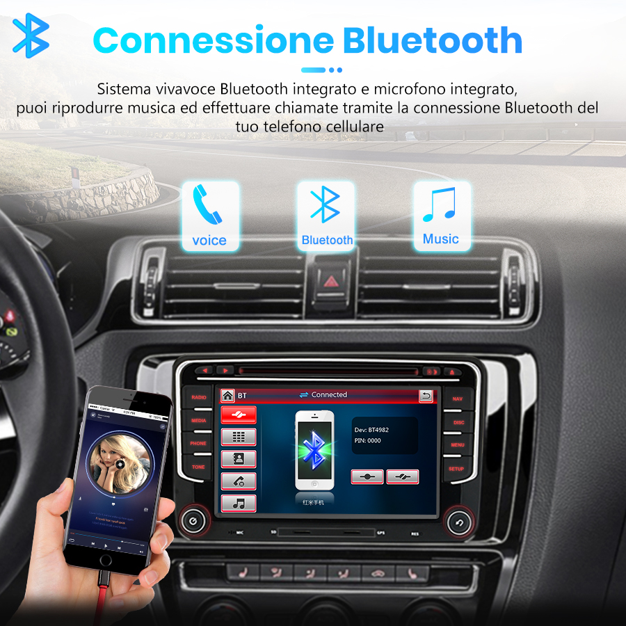 Un sistema di infotainment per auto con connessione Bluetooth e smartphone.