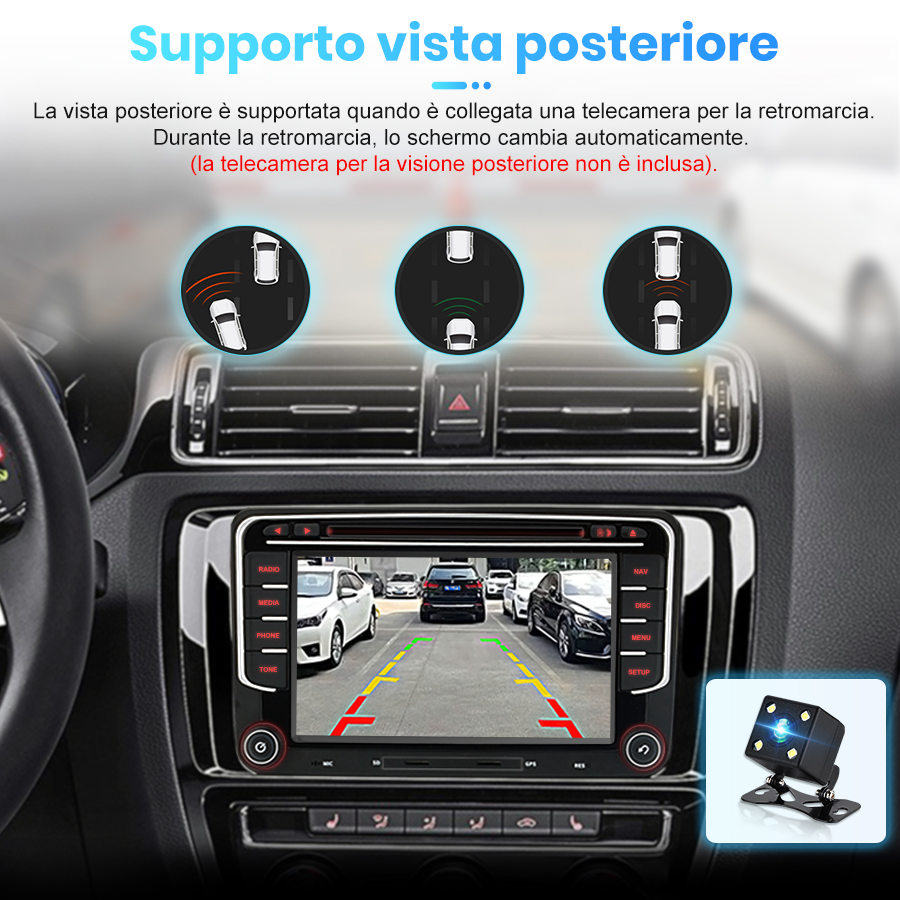 Cruscotto auto con schermo multimediale che mostra la telecamera posteriore.