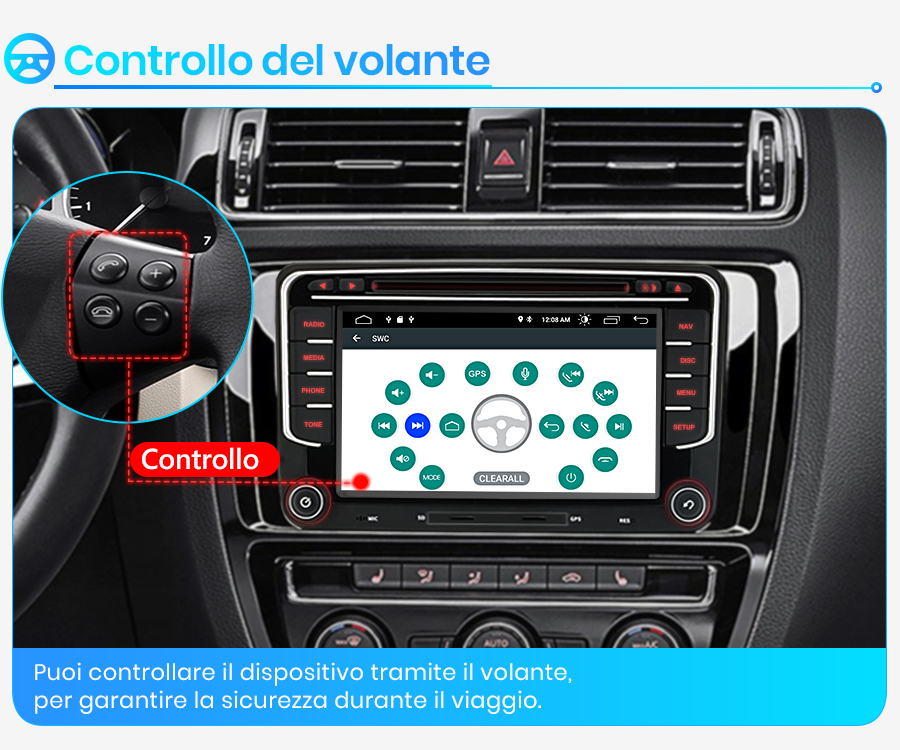 Cruscotto auto con display touch che mostra i comandi al volante e un riquadro con i tasti.