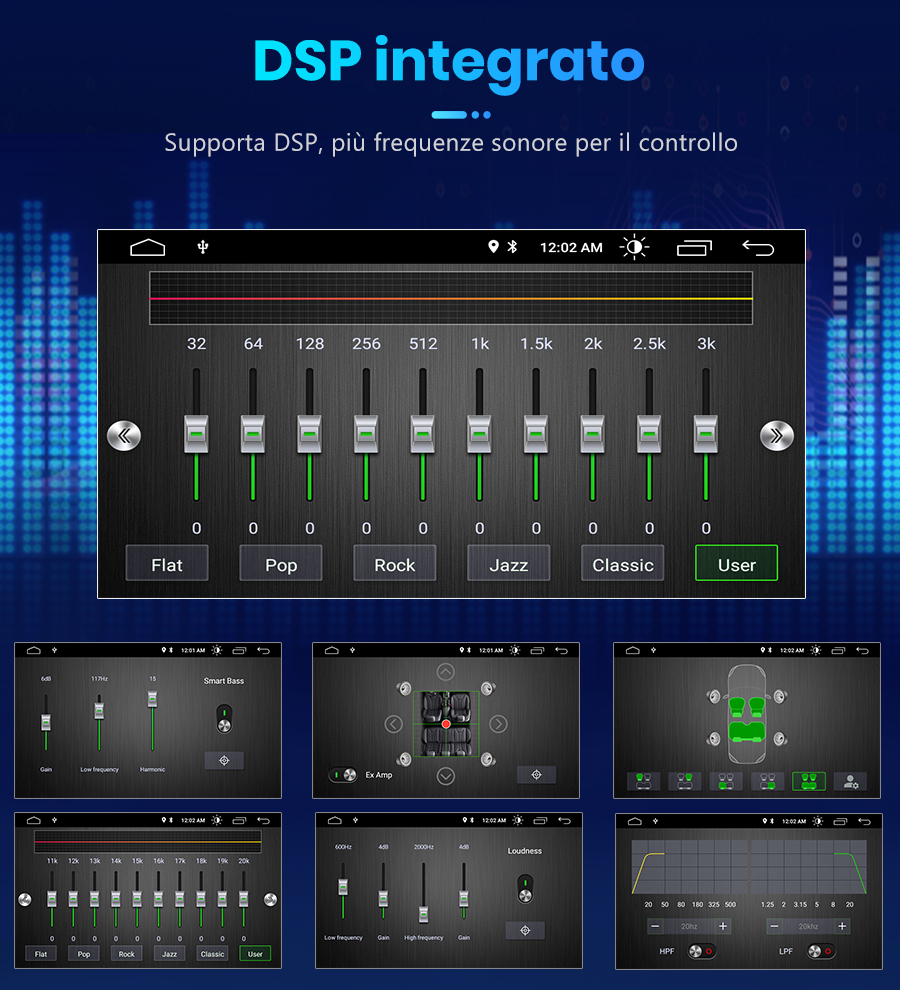 Uno schermo audio per auto mostra le impostazioni dell'equalizzatore digitale con vari preset e cursori.