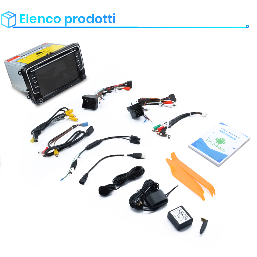 Autoradio con cavi, microfono, antenna, attrezzi e manuale su sfondo bianco.