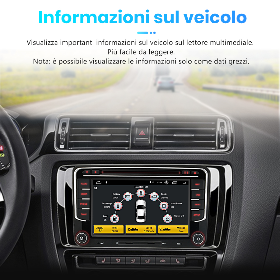 Un sistema multimediale per auto mostra le informazioni sullo stato del veicolo durante la guida.