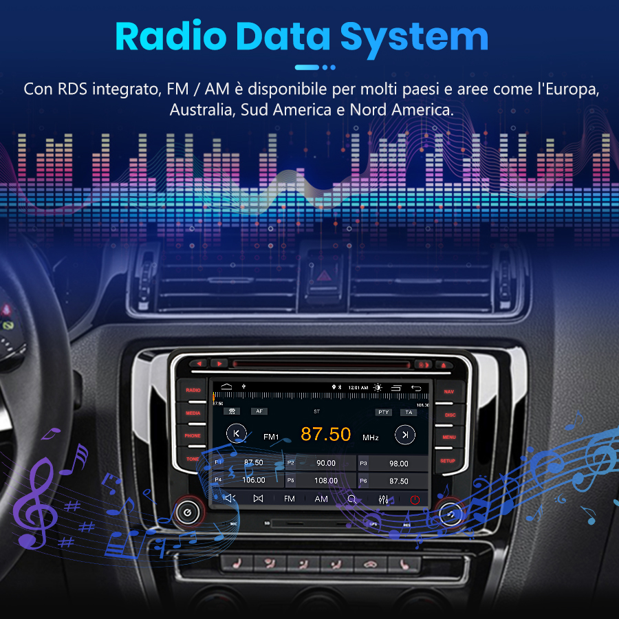 Autoradio con touchscreen e funzione RDS, circondata da grafiche audio e note musicali.