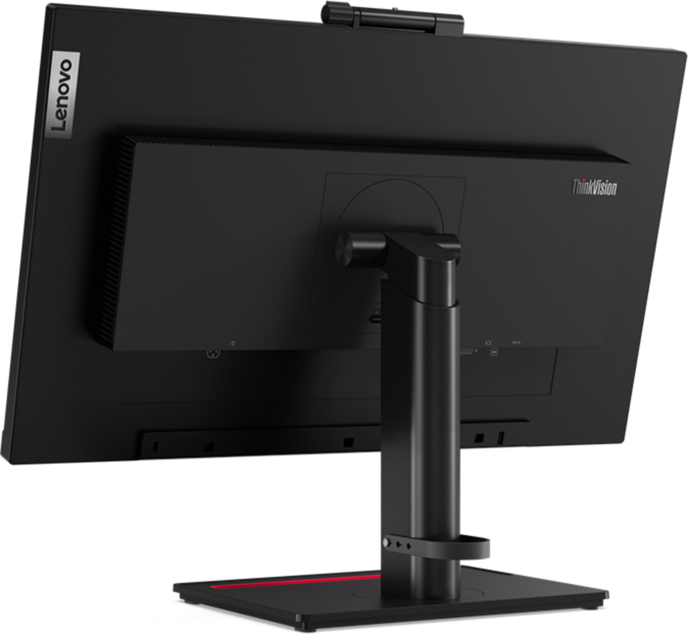 Rückansicht eines schwarzen Lenovo ThinkVision Monitors auf einem verstellbaren Ständer vor weißem Hintergrund.