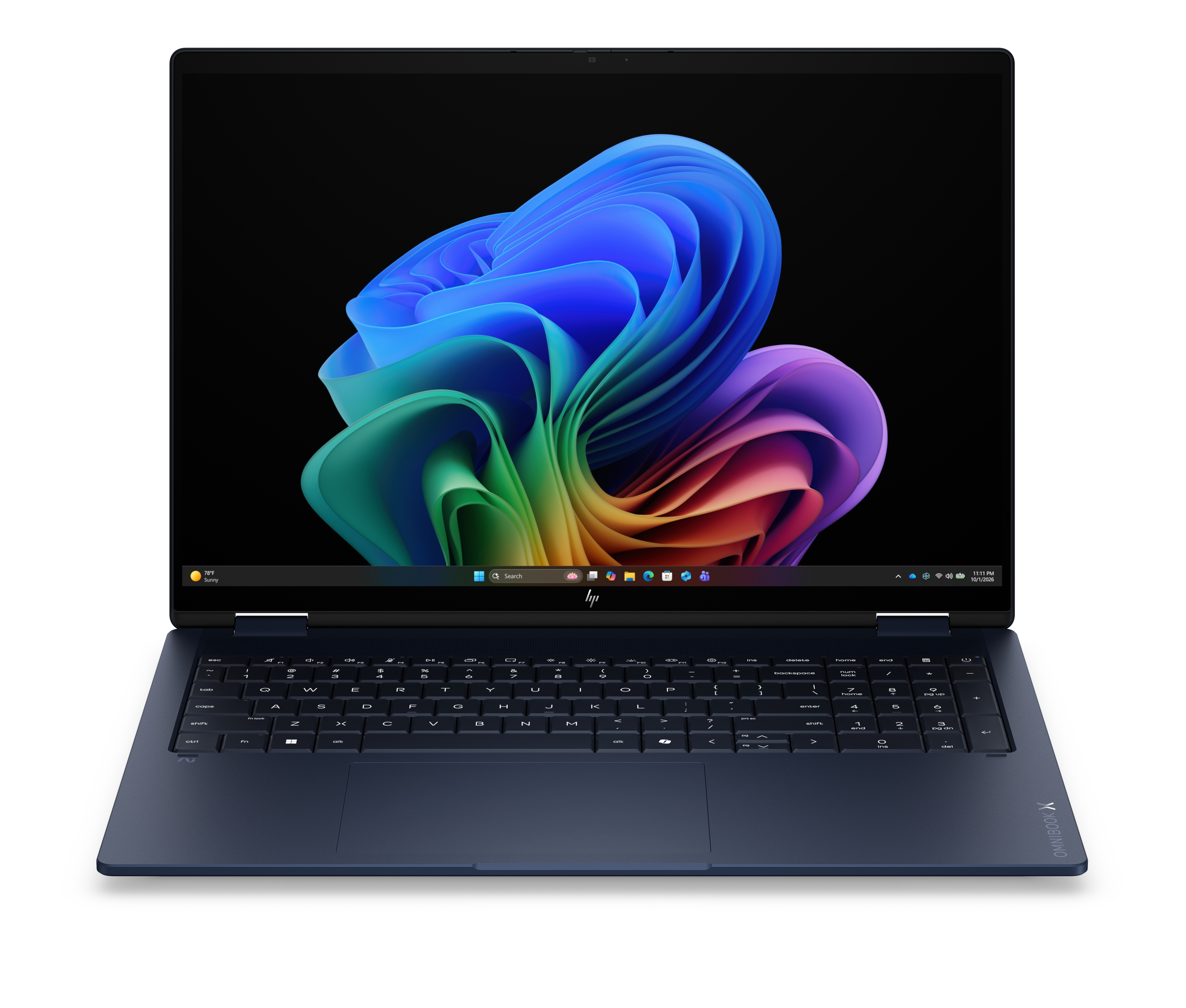 Un laptop scuro con uno schermo illuminato mostra una grafica d'onda astratta e colorata.