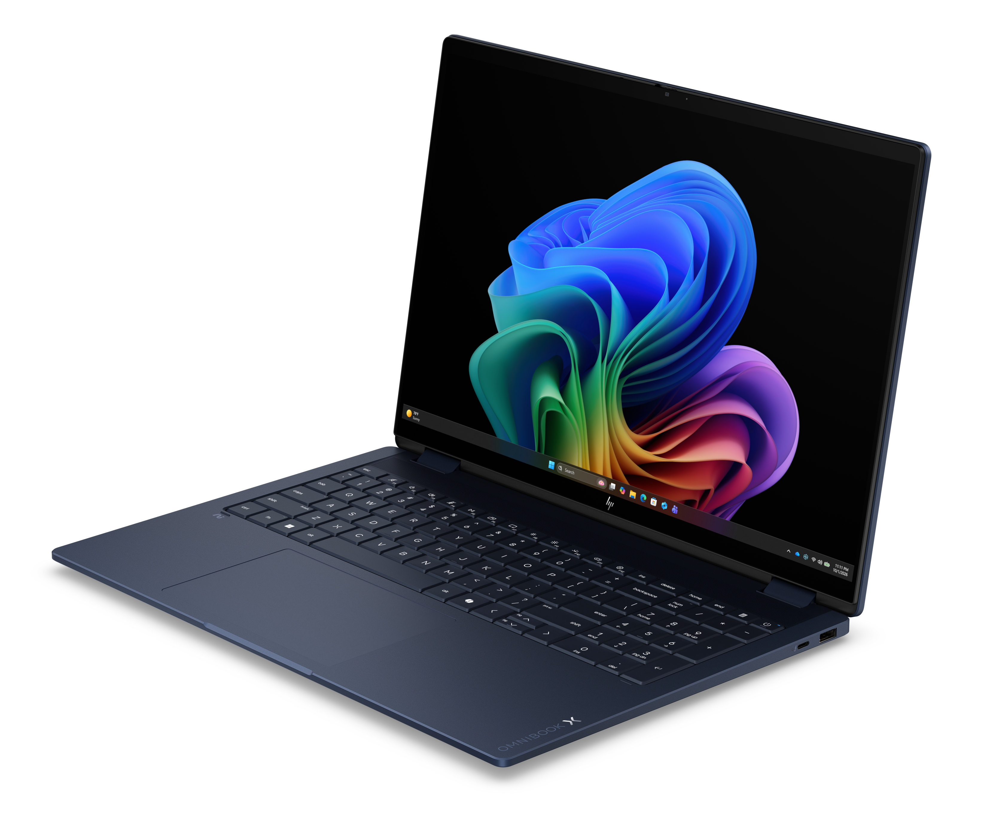 Un laptop blu con schermo nero che mostra una grafica colorata e astratta.