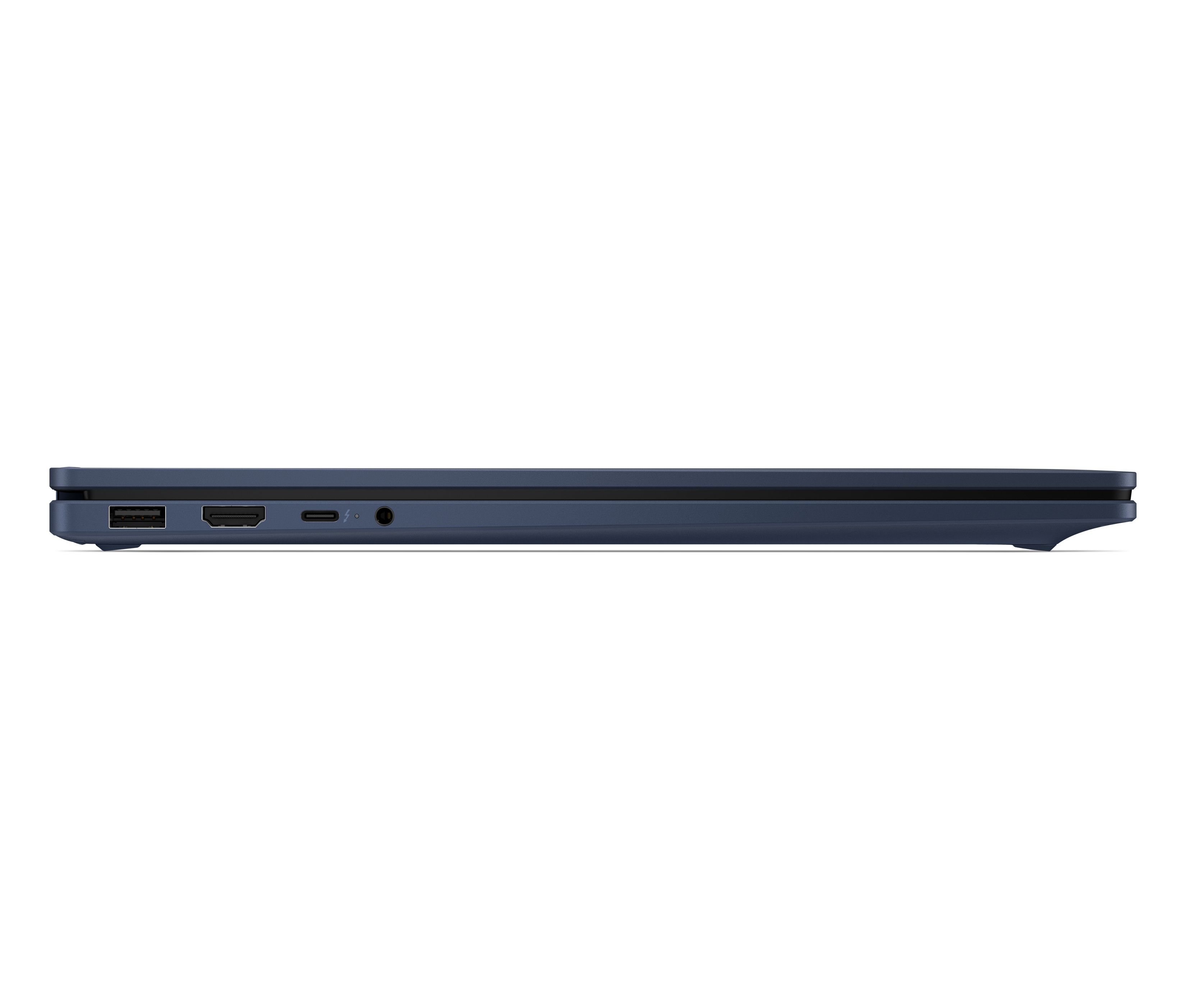 Vista laterale sinistra di un laptop blu con porte USB, HDMI, USB-C e audio.
