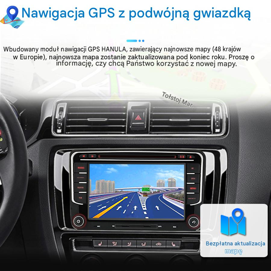 Wnętrze samochodu z systemem nawigacji GPS na desce rozdzielczej pokazującym trasę autostradową.